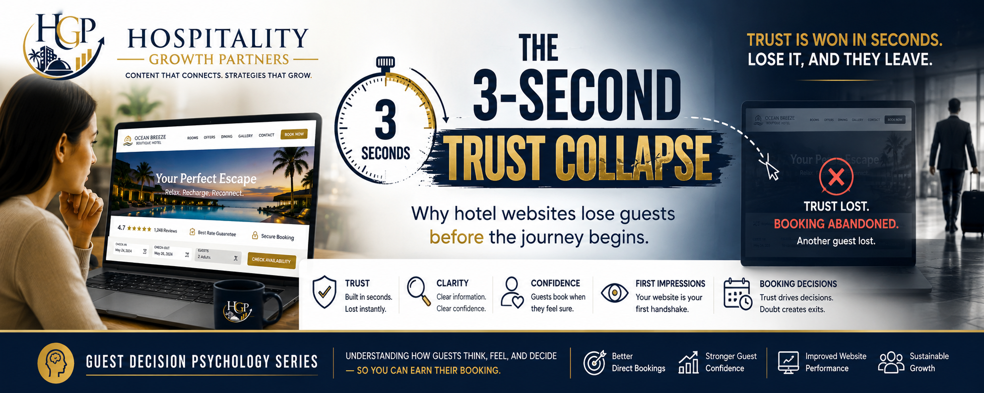 "The 3-Second Trust Collapse showing how hotel websites can lose guest confidence within seconds through weak trust signals, unclear messaging, and poor first impressions."