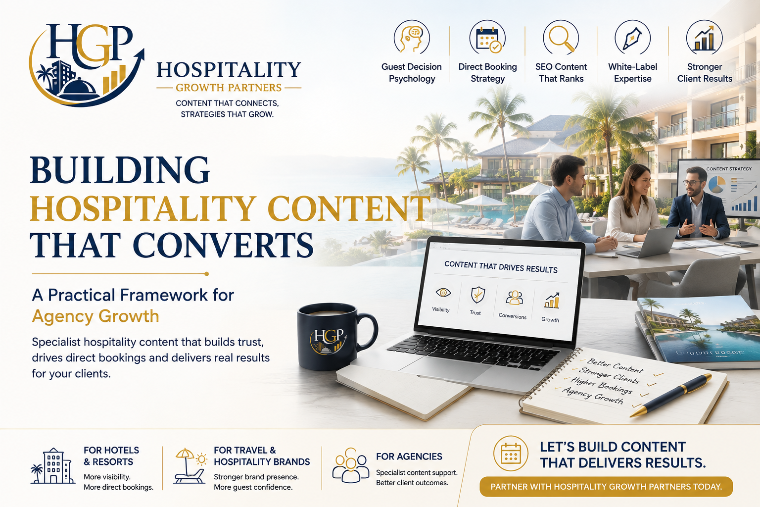 Building Hospitality Content That Converts hero banner featuring Hospitality Growth Partners, hotel and resort background, agency collaboration, and white-label hospitality content services.
