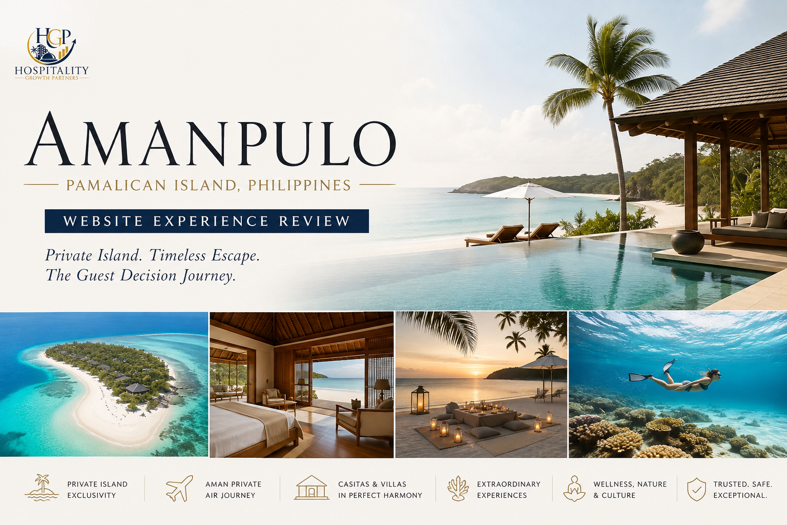 Amanpulo Philippines website experience review featuring the private island resort, beach casita and tropical coastal setting