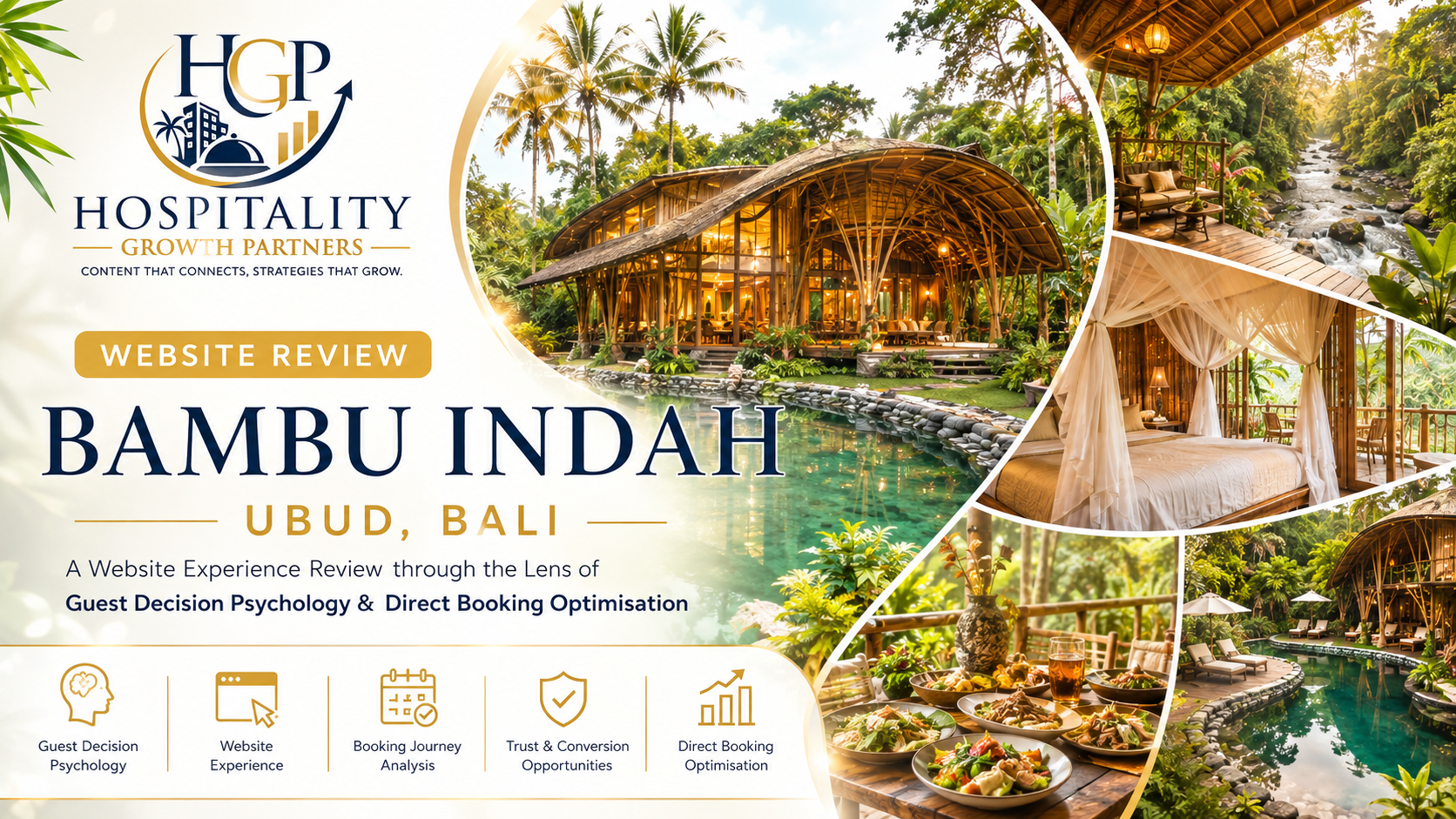 Bambu Indah Ubud Bali website review hero image by Hospitality Growth Partners showcasing eco-luxury bamboo villas, guest experiences, direct booking optimisation, and website conversion analysis.