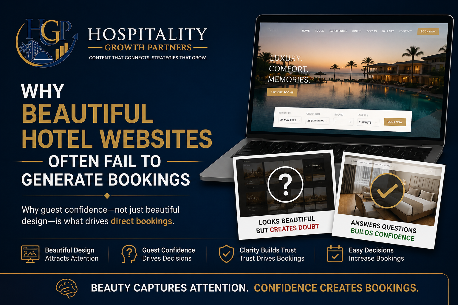Why Beautiful Hotel Websites Often Fail to Generate Bookings – Agency Growth Series by Hospitality Growth Partners explaining hotel website conversion and direct booking optimization.