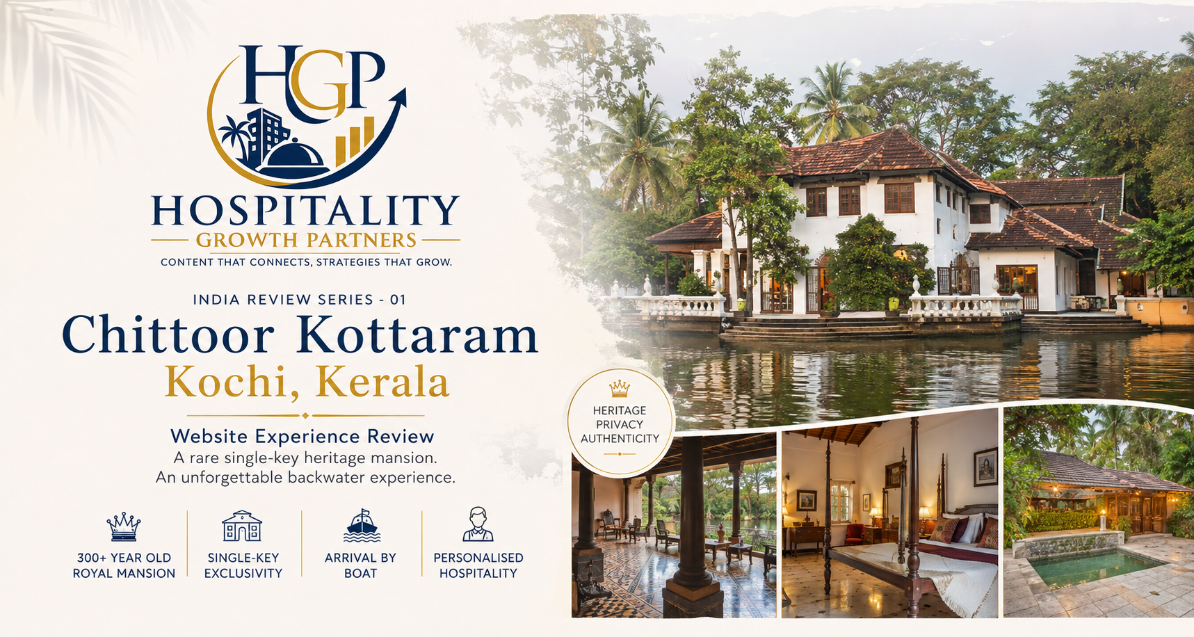 Chittoor Kottaram Kochi website experience review by Hospitality Growth Partners, featuring the heritage mansion and Kerala backwaters