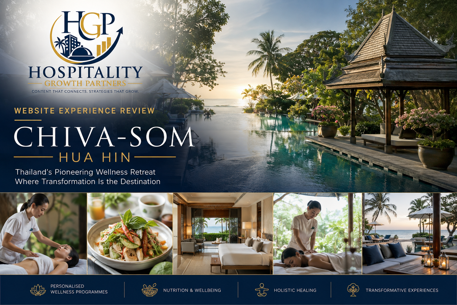 Chiva-Som Hua Hin website experience review by HGP Hospitality Growth Partners, featuring the wellness retreat, pool, treatment, dining and accommodation experience