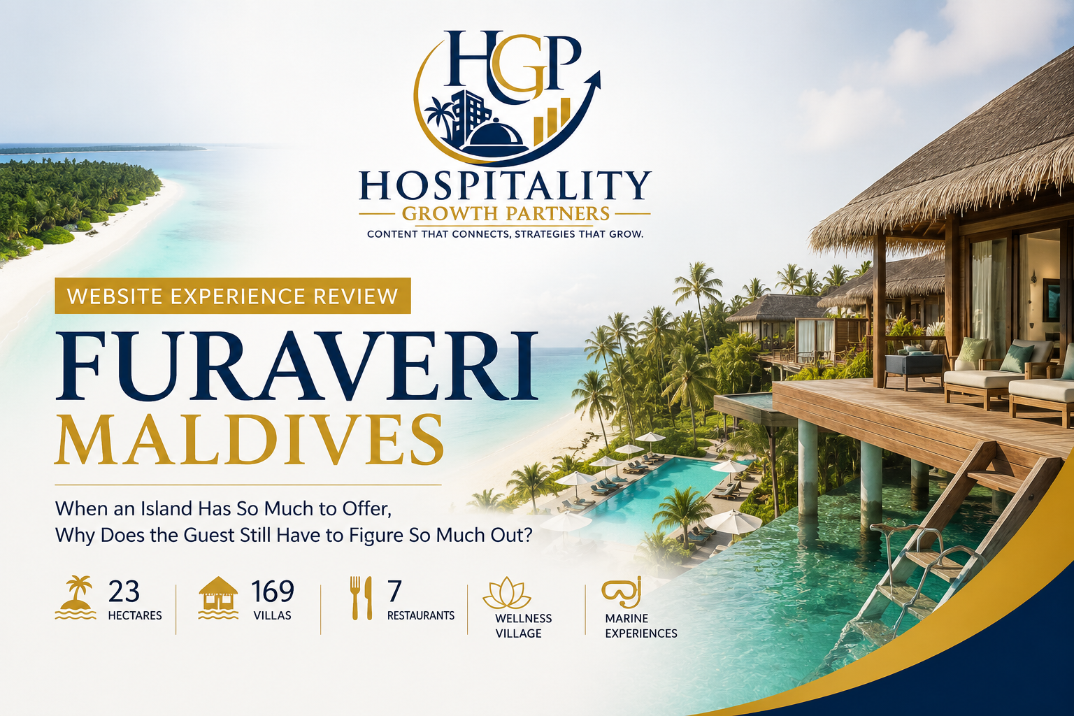 Furaveri Maldives website experience review by Hospitality Growth Partners, featuring the resort’s tropical island, villas, pool and lagoon, with highlights of its 23-hectare island, 169 villas, seven restaurants, Wellness Village and marine experiences.