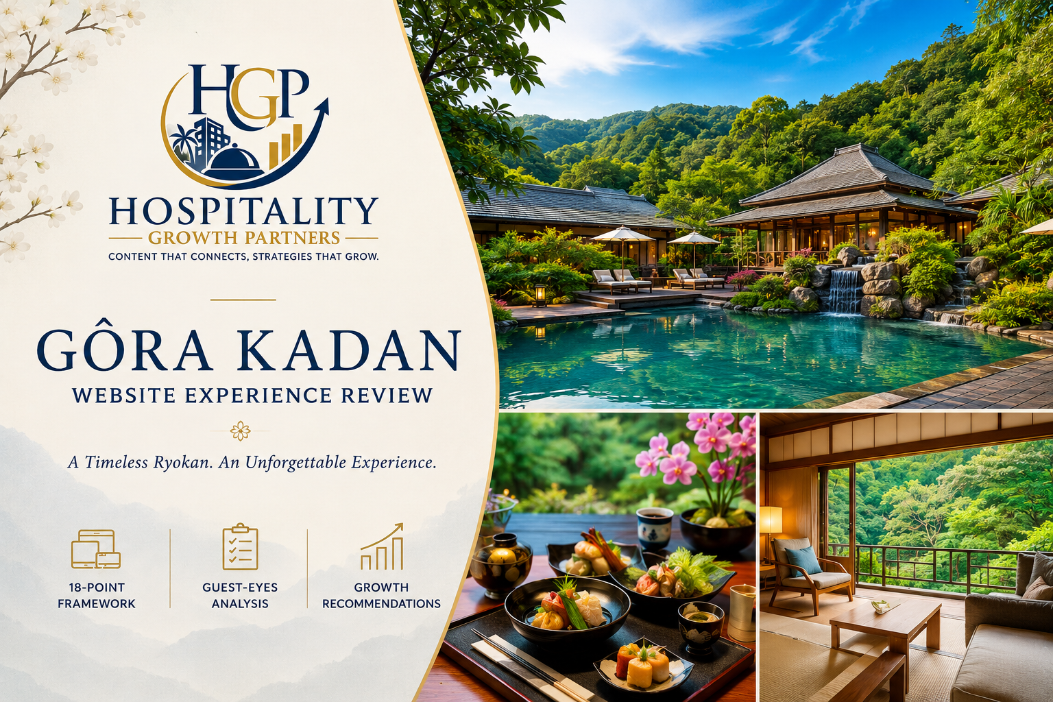 Gôra Kadan Hakone website experience review by Hospitality Growth Partners, featuring the luxury ryokan, Japanese garden, kaiseki dining and guest room