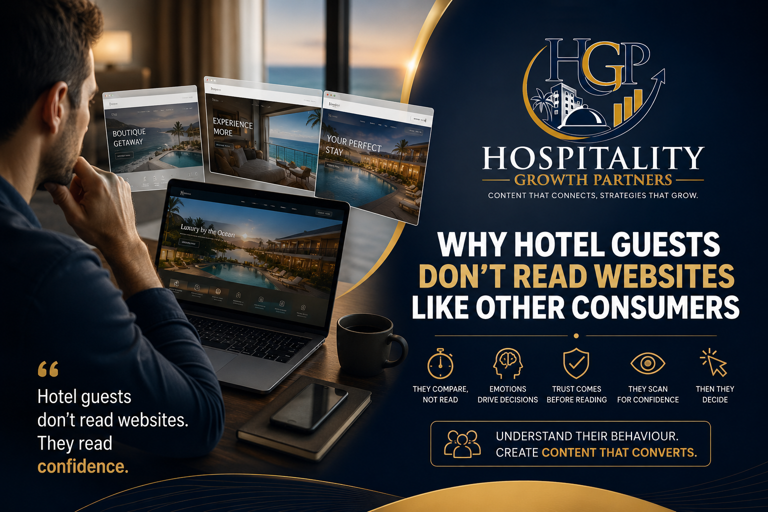 "Professional comparing multiple hotel websites on a laptop, illustrating how hotel guests evaluate properties differently before making booking decisions."