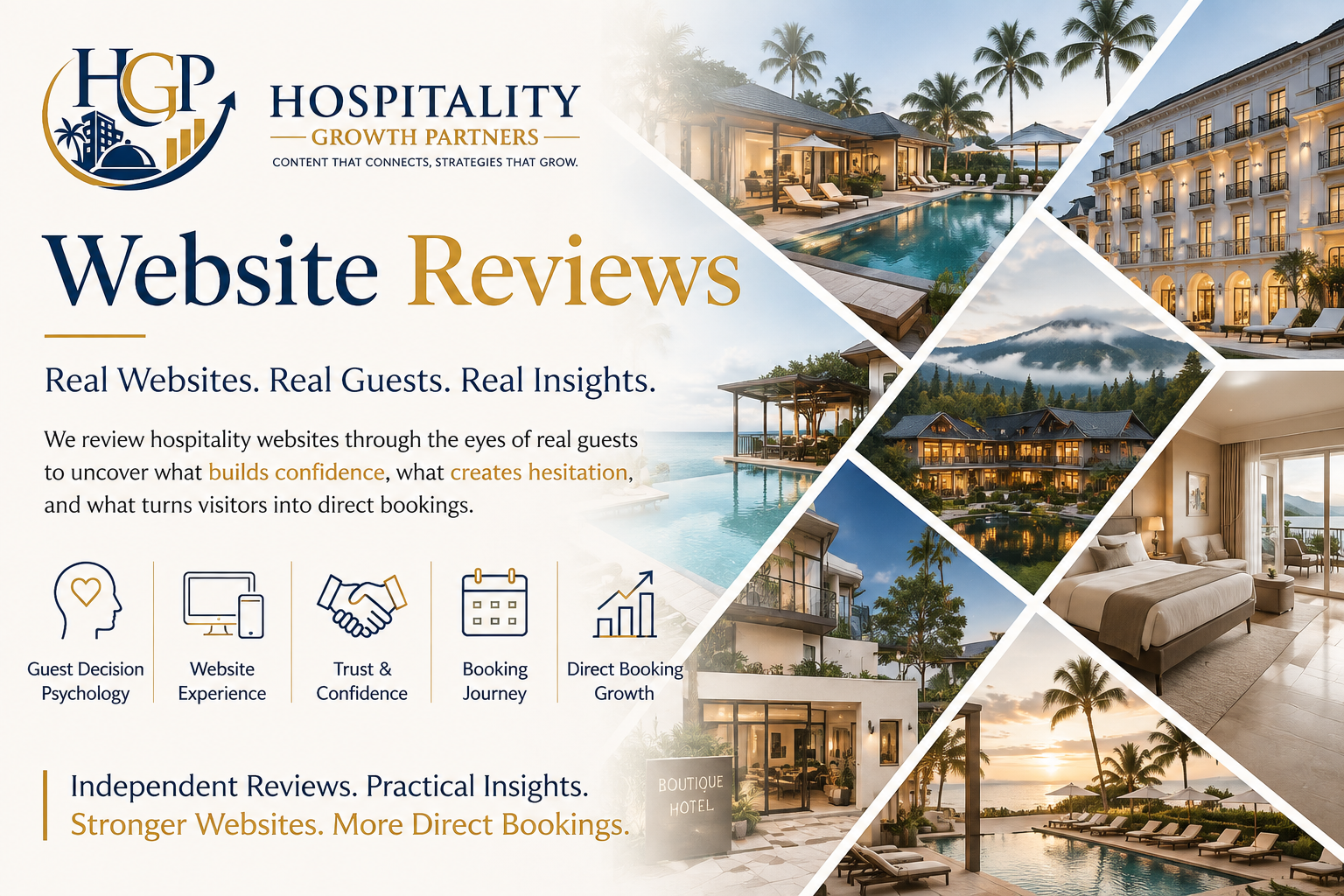 "Luxury hotel, boutique hotel and resort collage with Hospitality Growth Partners logo representing the Hospitality Website Experience Reviews series focused on direct booking optimisation and guest decision psychology."