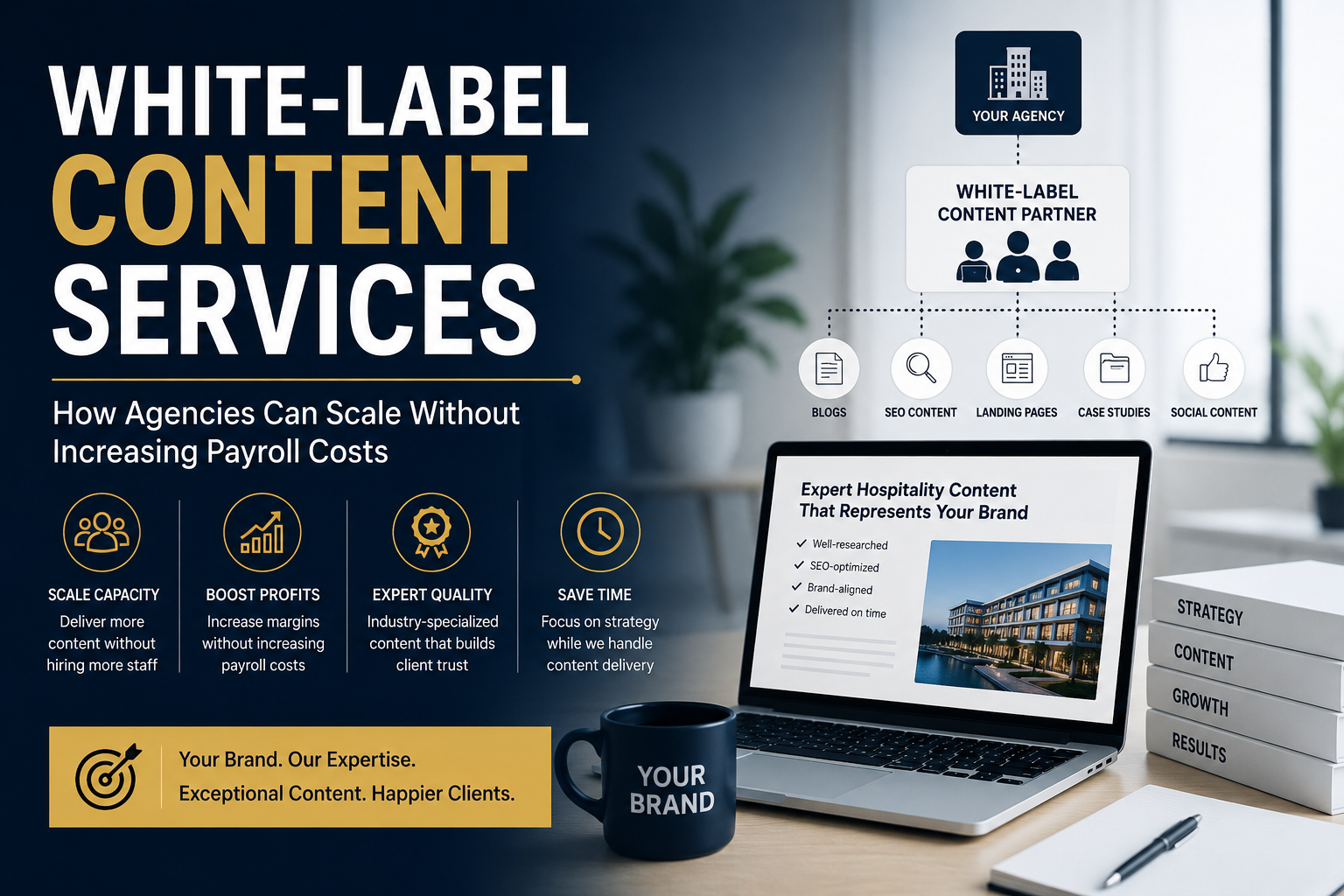 Illustration showing how white-label content services help marketing agencies scale content production, maintain quality, reduce payroll costs, and deliver expert hospitality content across multiple client accounts.