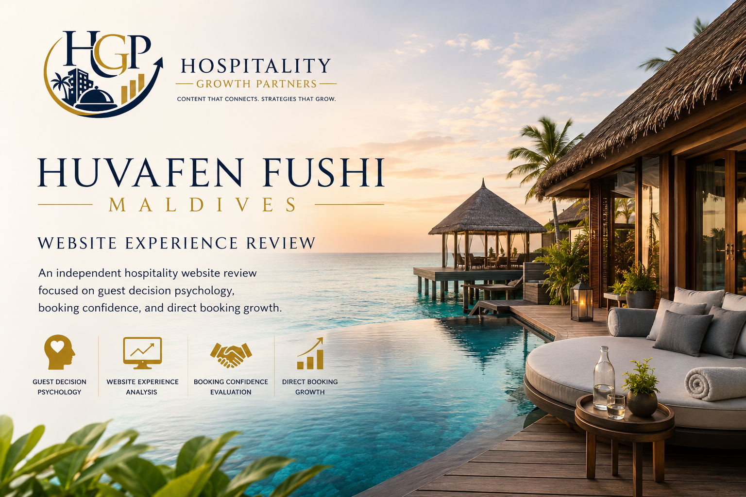 Huvafen Fushi Maldives website experience review by Hospitality Growth Partners, featuring an overwater villa, private pool and tropical lagoon