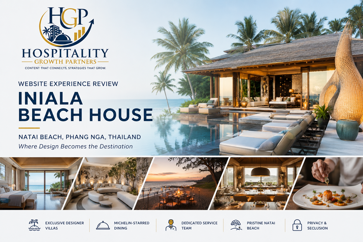 Iniala Beach House Website Experience Review by Hospitality Growth Partners, featuring its designer villas, Natai Beach setting and luxury dining experience