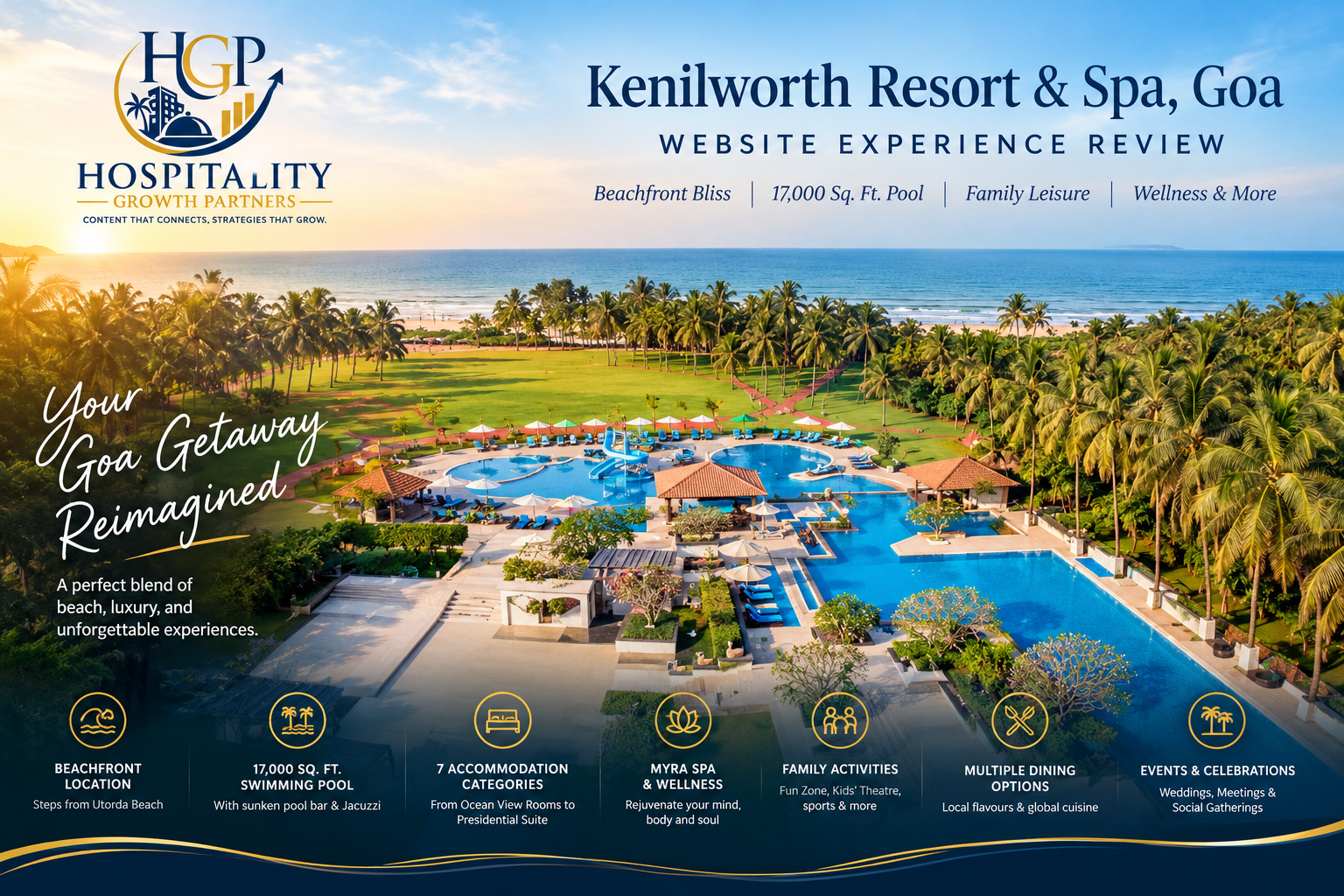 Kenilworth Resort & Spa in South Goa, highlighting its tropical resort setting and distinctive swimming pool, featured in a Hospitality Growth Partners website experience review.