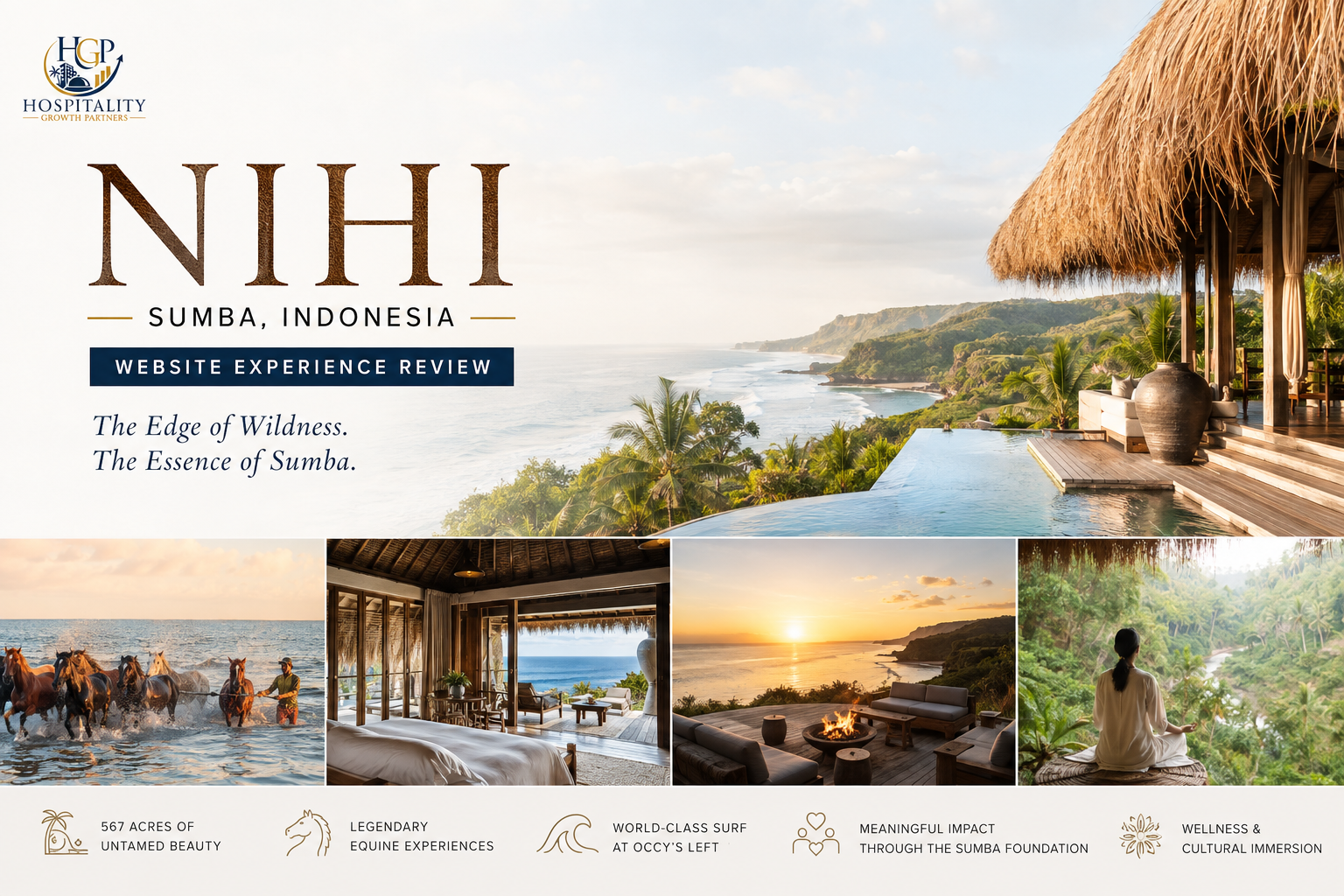 NIHI Sumba website experience review showing a luxury villa overlooking the Sumba coastline, horseback riding, sunset and wellness experiences