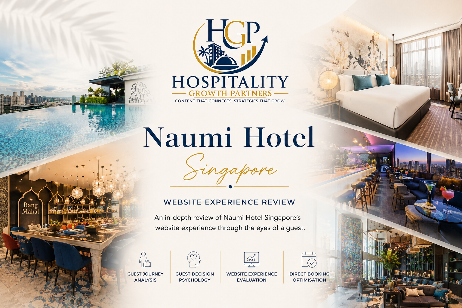Naumi Hotel Singapore Website Experience Review hero banner by Hospitality Growth Partners featuring a collage of the hotel's rooftop infinity pool, luxury guest room, Rang Mahal restaurant, rooftop bar, and stylish lobby with the HGP logo and Website Experience Review branding.