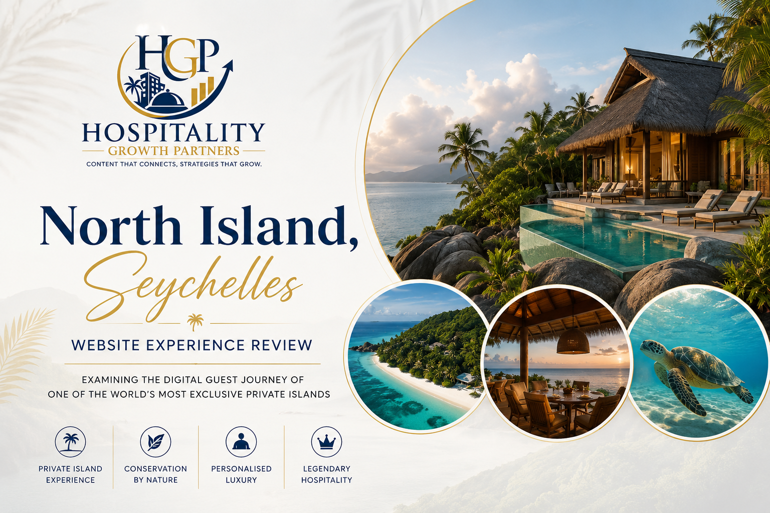 North Island Seychelles luxury private island villas and tropical coastline featured in Hospitality Growth Partners Website Experience Review