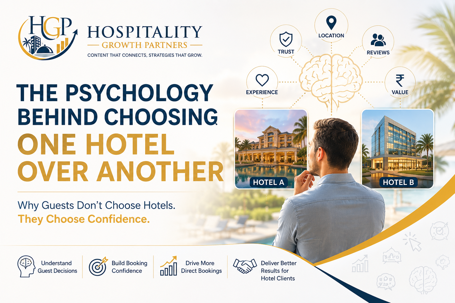 Illustration showing the psychology behind choosing one hotel over another for hospitality marketing agencies – Agency Growth Series by Hospitality Growth Partners