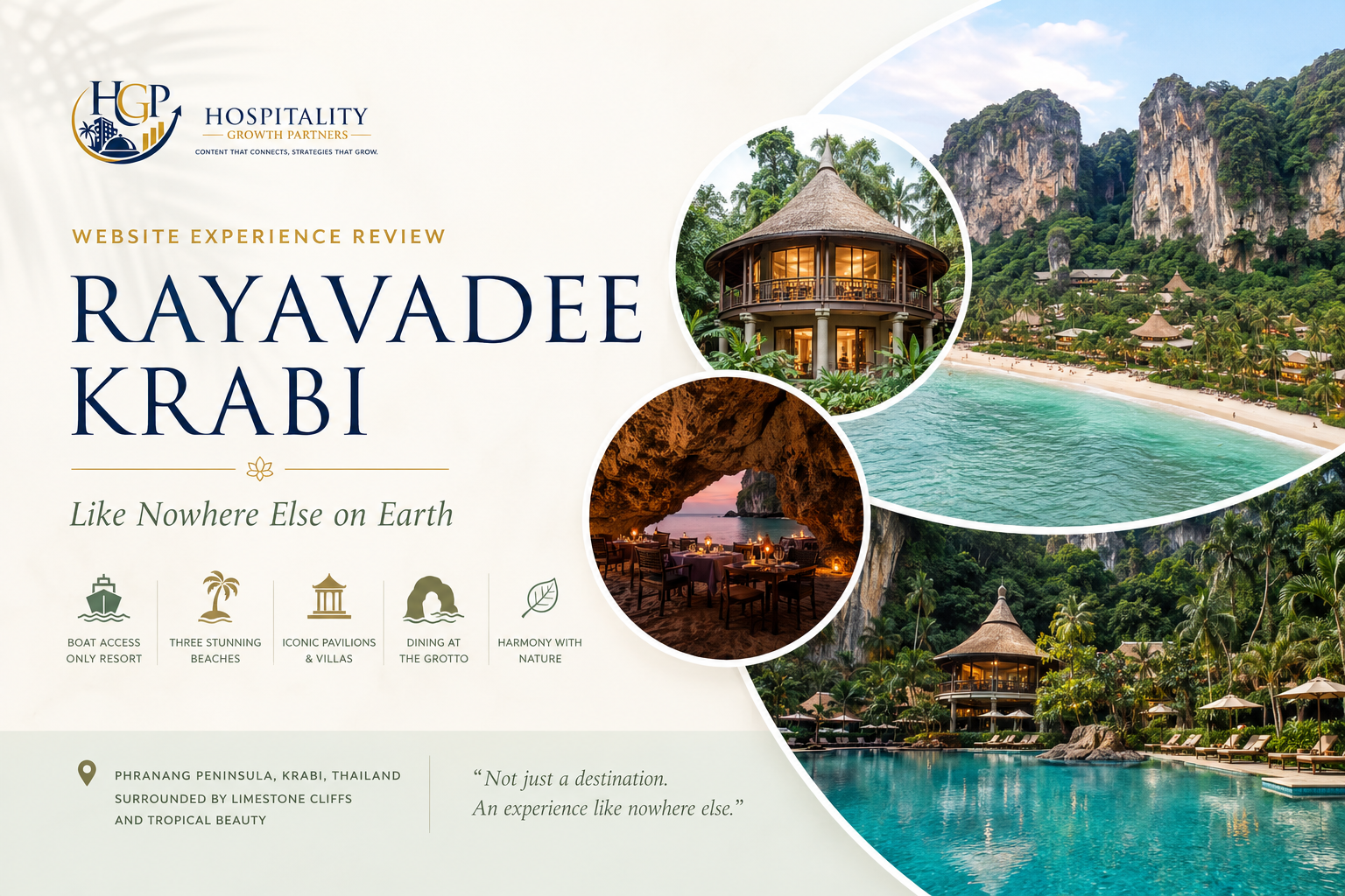 Rayavadee Krabi Website Experience Review showing the resort’s limestone cliffs, tropical beach, pavilion villas and The Grotto