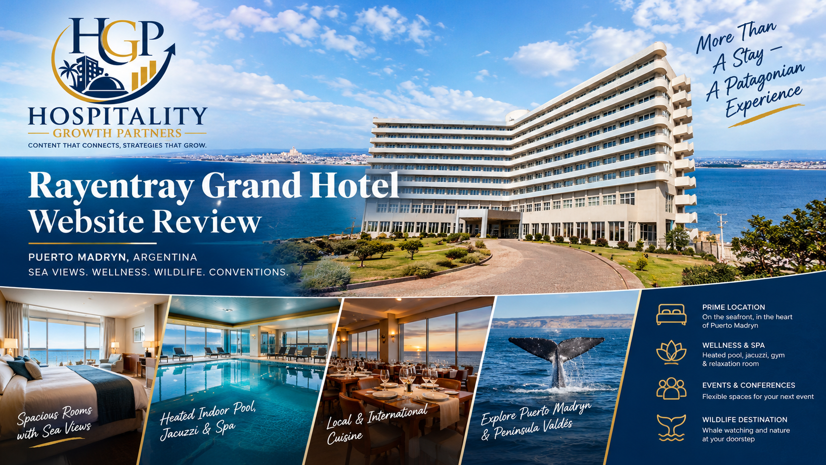 Rayentray Grand Hotel overlooking the Golfo Nuevo in Puerto Madryn, Argentina, featured in a Hospitality Growth Partners website experience review.