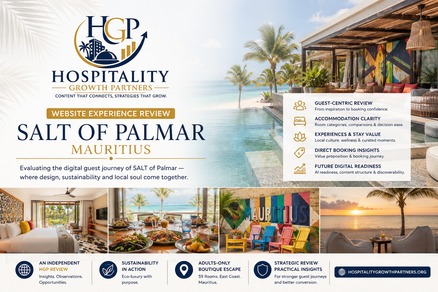 HGP Website Experience Review of SALT of Palmar, Mauritius, featuring the boutique resort's colourful design, beachfront setting, accommodation, dining experiences and sustainability-focused guest journey.