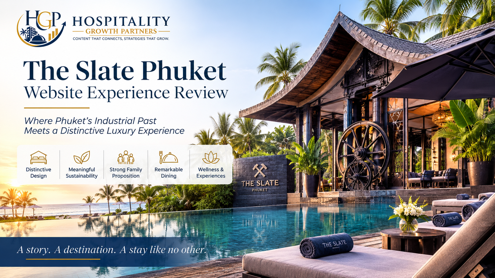 The Slate Phuket Website Experience Review hero image by Hospitality Growth Partners, featuring The Slate Phuket resort, distinctive industrial-inspired architecture, tropical pool and beachfront setting, with HGP branding.
