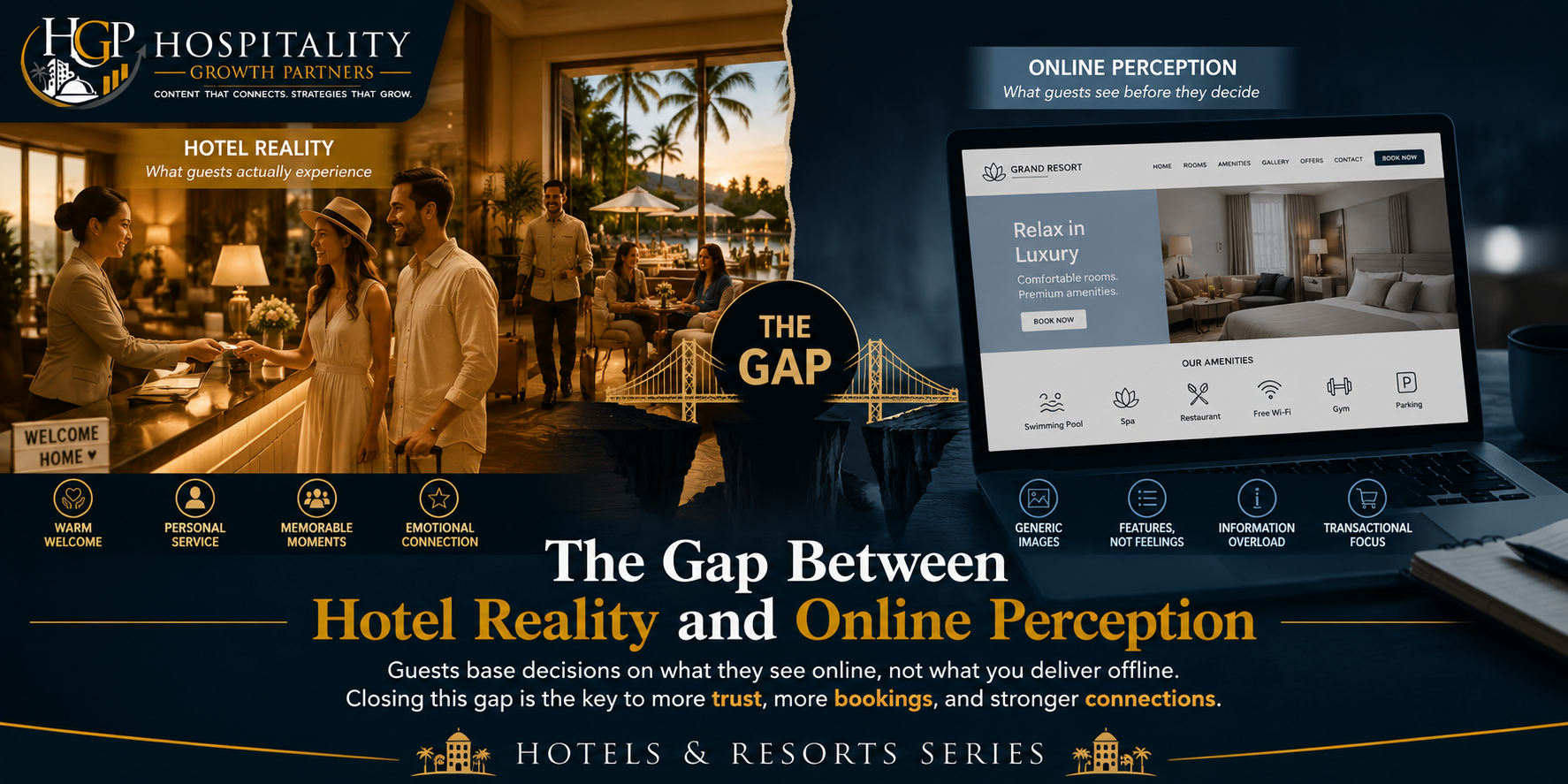 "Banner illustrating the gap between hotel reality and online perception, showing guests enjoying a warm, personalized hotel experience on one side and a generic hotel website focused on rooms and amenities on the other, highlighting how online impressions often fail to reflect the true guest experience."
