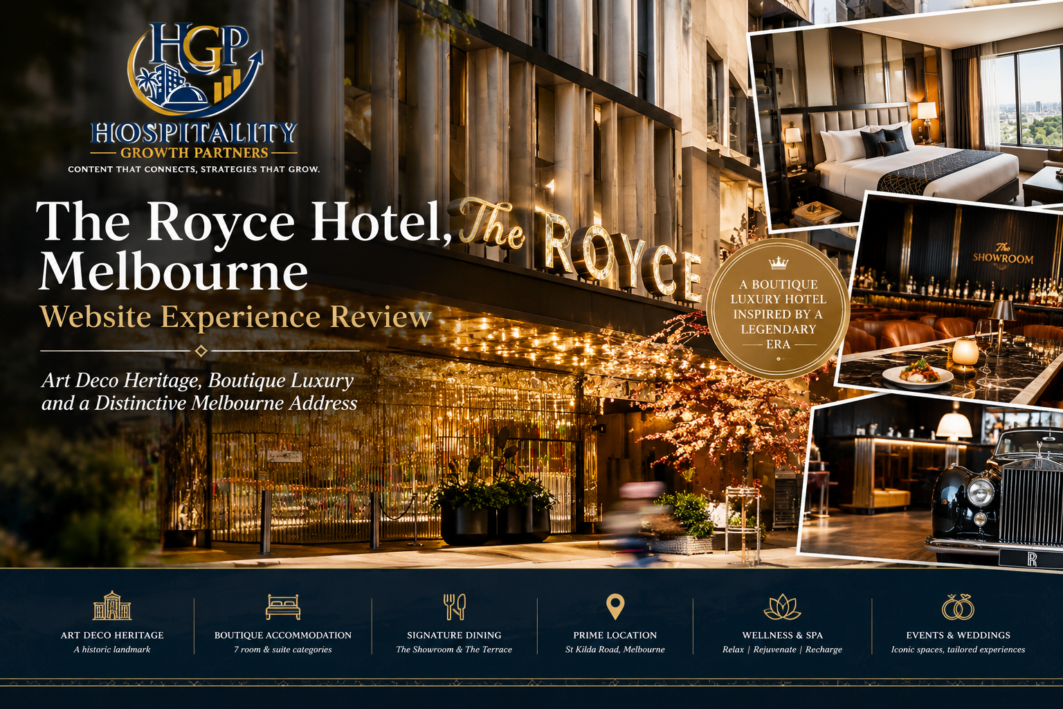 The Royce Melbourne, featuring its heritage-inspired luxury hotel identity and Art Deco character, in the Hospitality Growth Partners Website Experience Review.
