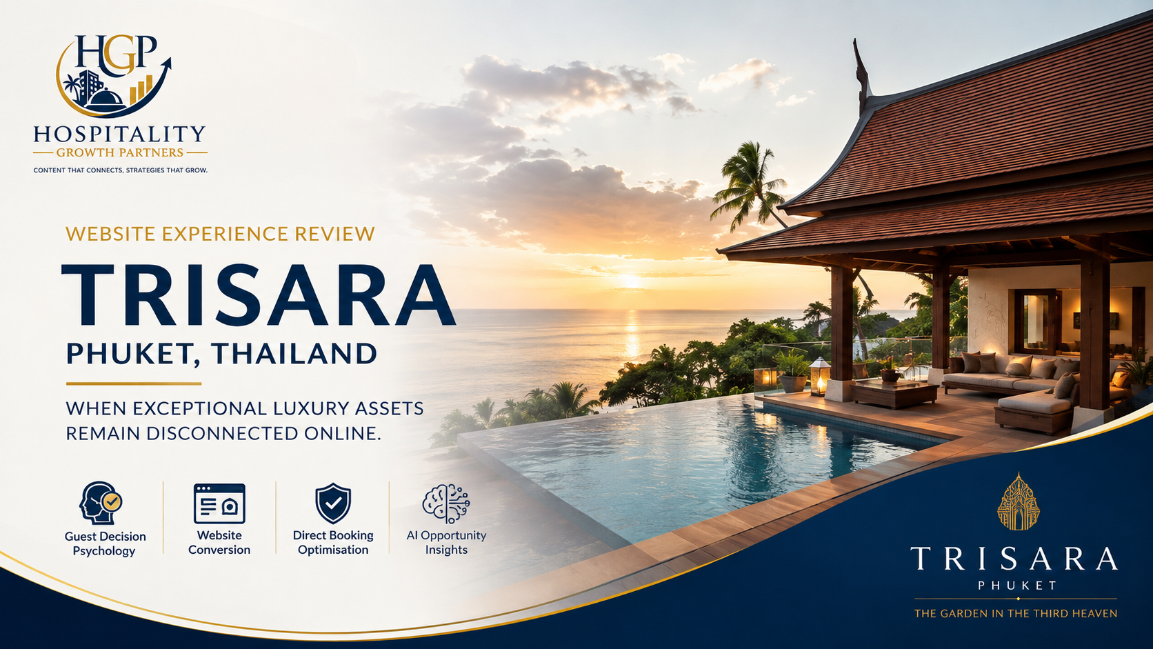 Trisara Phuket website experience review by Hospitality Growth Partners, featuring its private oceanfront pool villa and sunset view