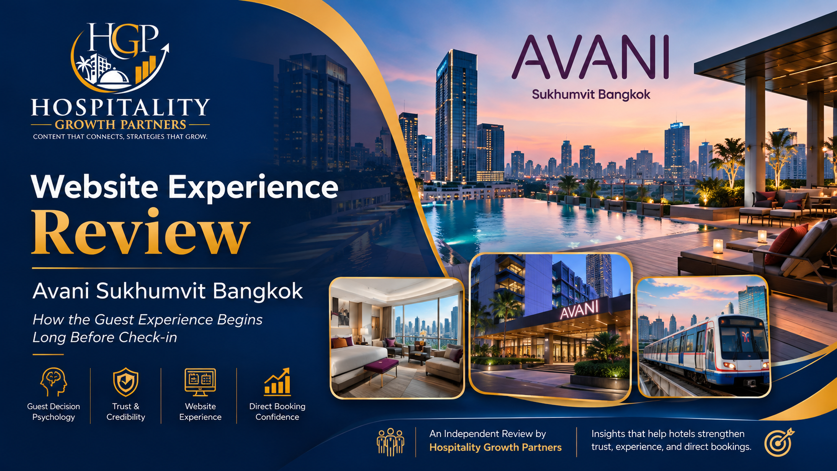 "Hospitality Growth Partners independent website experience review of Avani Sukhumvit Bangkok, featuring the luxury hotel, rooftop infinity pool, guest rooms, BTS connectivity, and direct booking optimization insights."