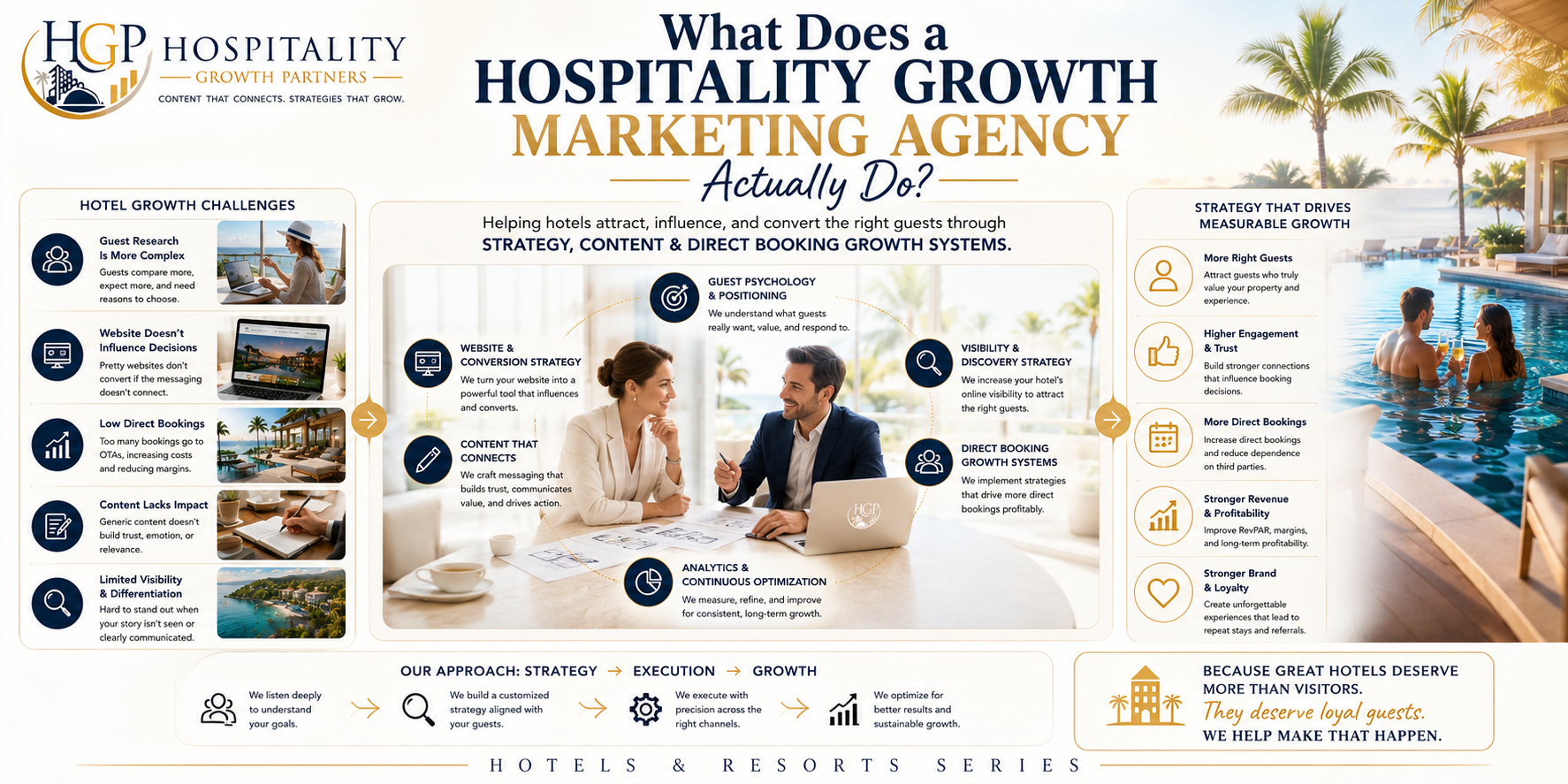 "Bright hospitality marketing banner showing hotel growth challenges, strategic consultation, content marketing, guest decision psychology, website conversion strategy, and direct booking growth systems, illustrating how a hospitality growth marketing agency helps hotels attract, influence, and convert more profitable guests."