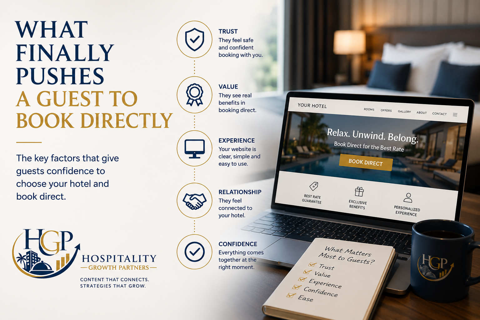 Illustration showing the key factors that influence a guest to book directly with a hotel, including trust, value, website experience, relationships, and booking confidence.