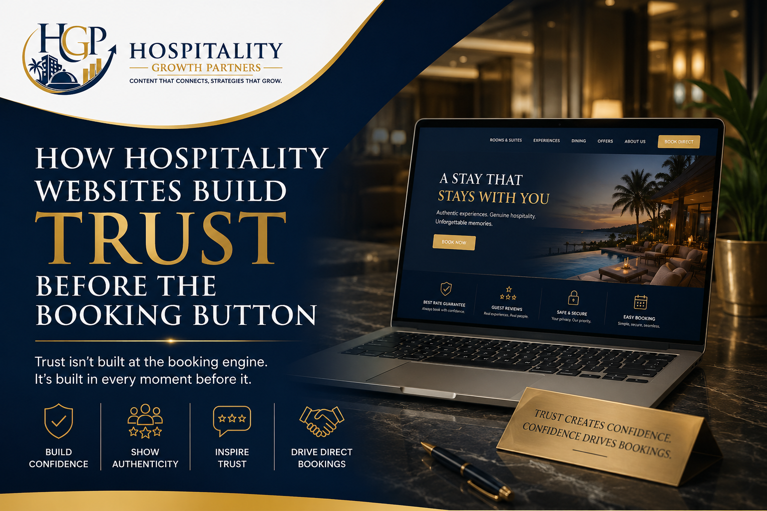 "Hero banner for Hospitality Growth Partners featuring the article 'How Hospitality Websites Build Trust Before the Booking Button', with a luxury hotel website displayed on a laptop, HGP branding, and messaging focused on building guest confidence, trust, and direct bookings before the booking process begins."