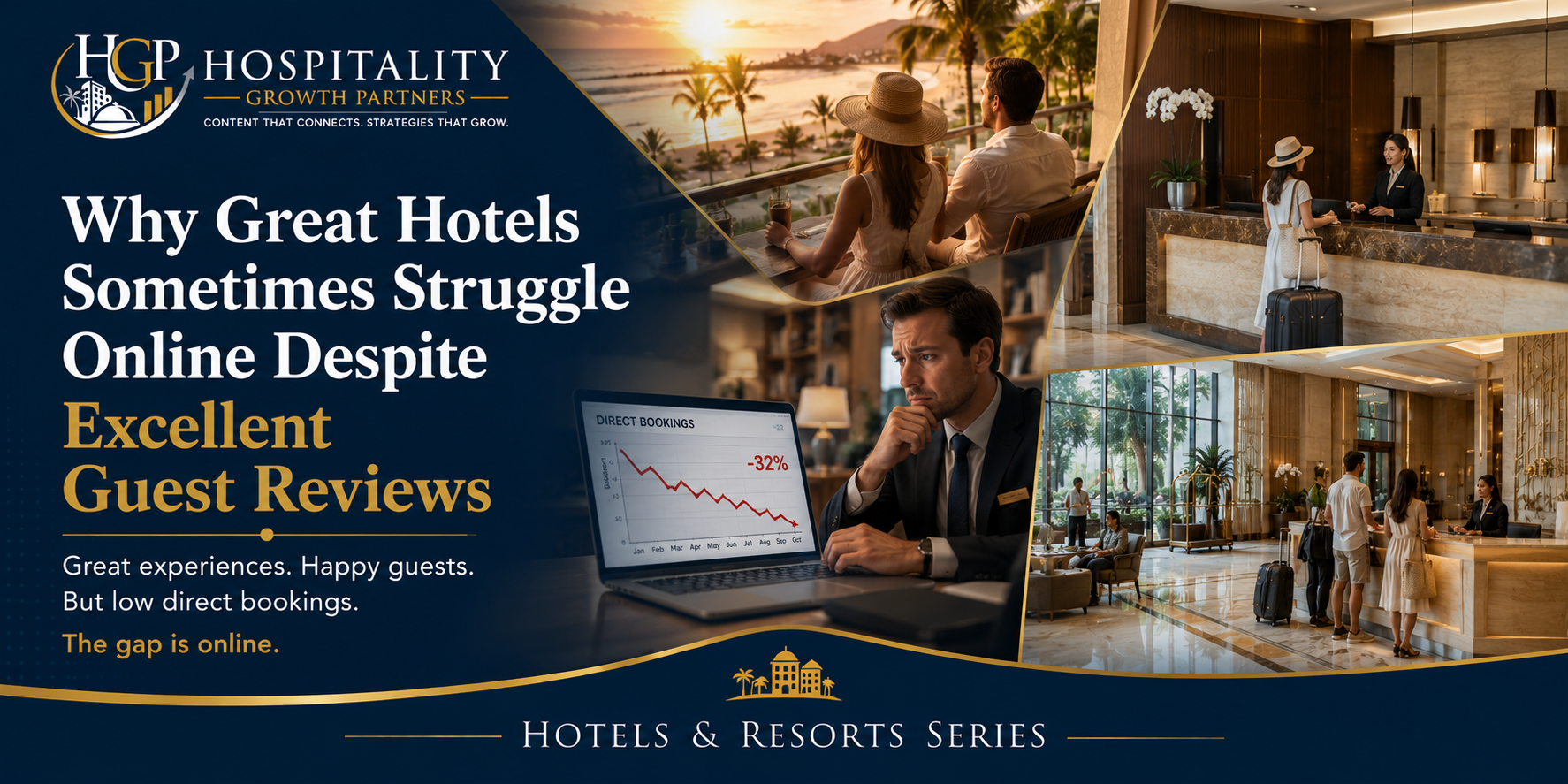 "Luxury hotel lobby with elegant interiors, welcoming atmosphere, and satisfied guests, illustrating how hotels with excellent guest reviews can still struggle online when their digital presence fails to influence booking decisions."