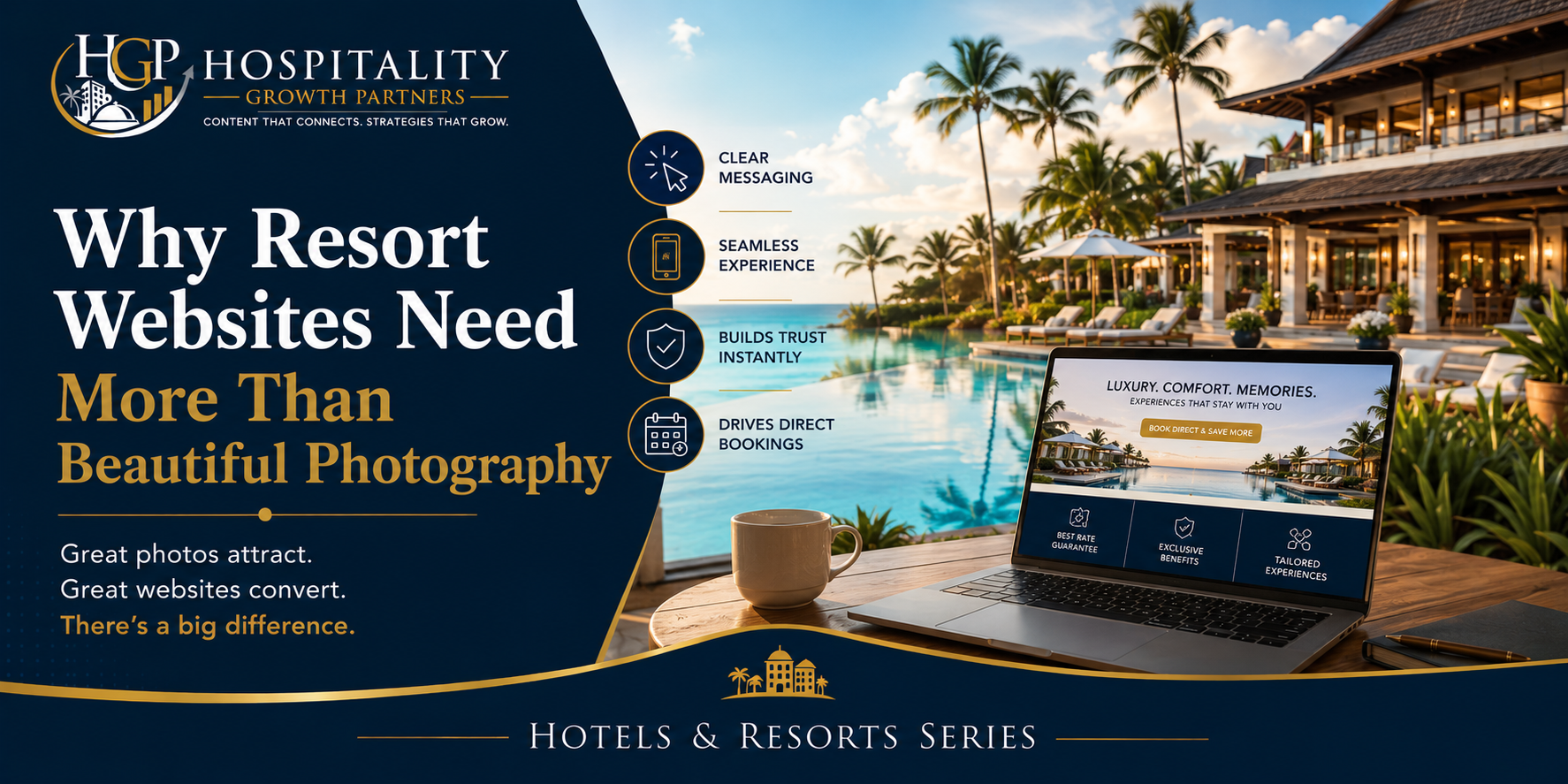 "Luxury resort website displayed on a laptop overlooking a tropical beachfront resort with pool and palm trees, illustrating how beautiful photography alone is not enough to generate direct bookings without clear messaging, trust signals, and a seamless website experience."
