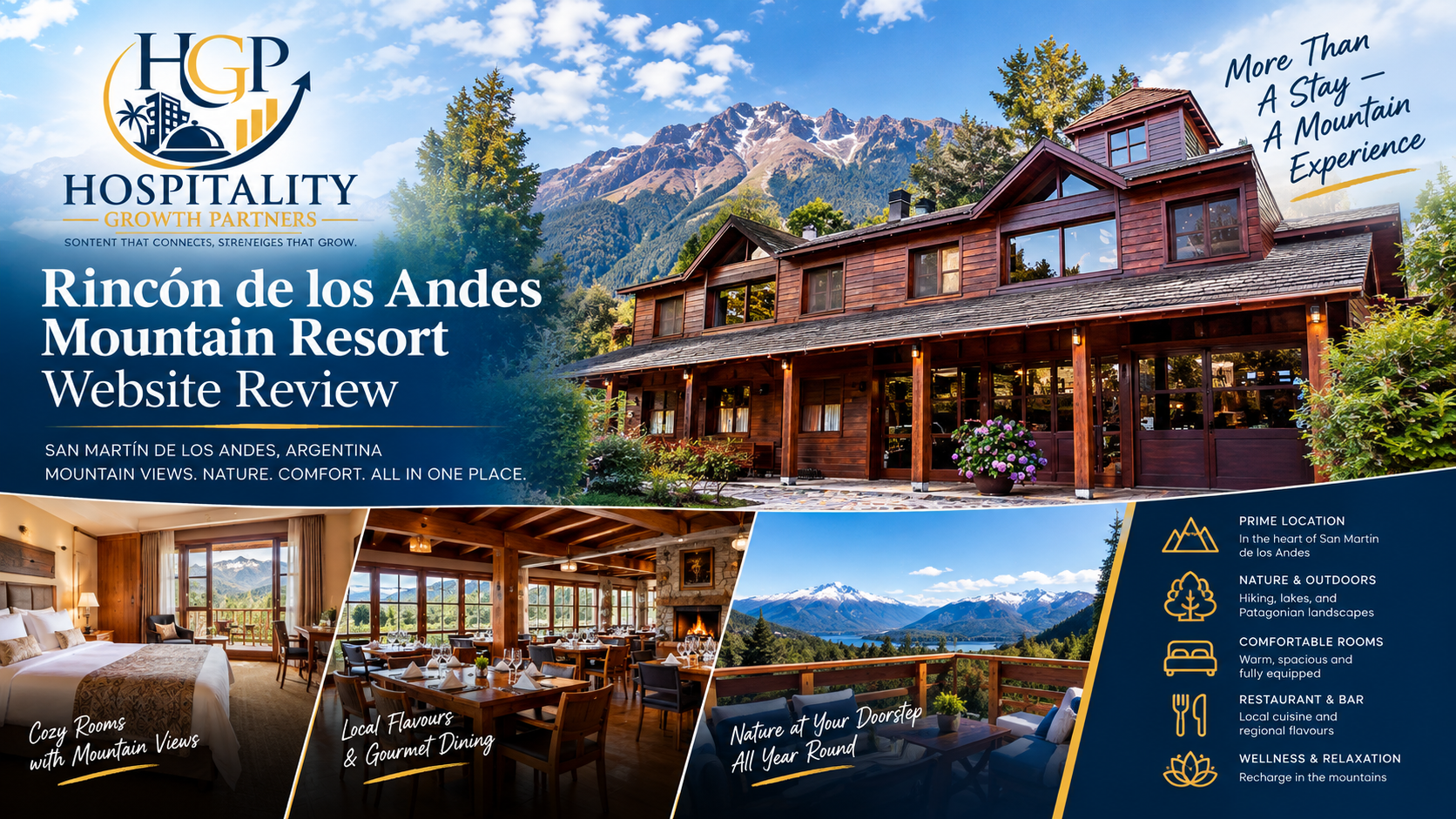 Rincón de los Andes Mountain Resort in San Martín de los Andes, Argentina, featured in a Hospitality Growth Partners website experience review.