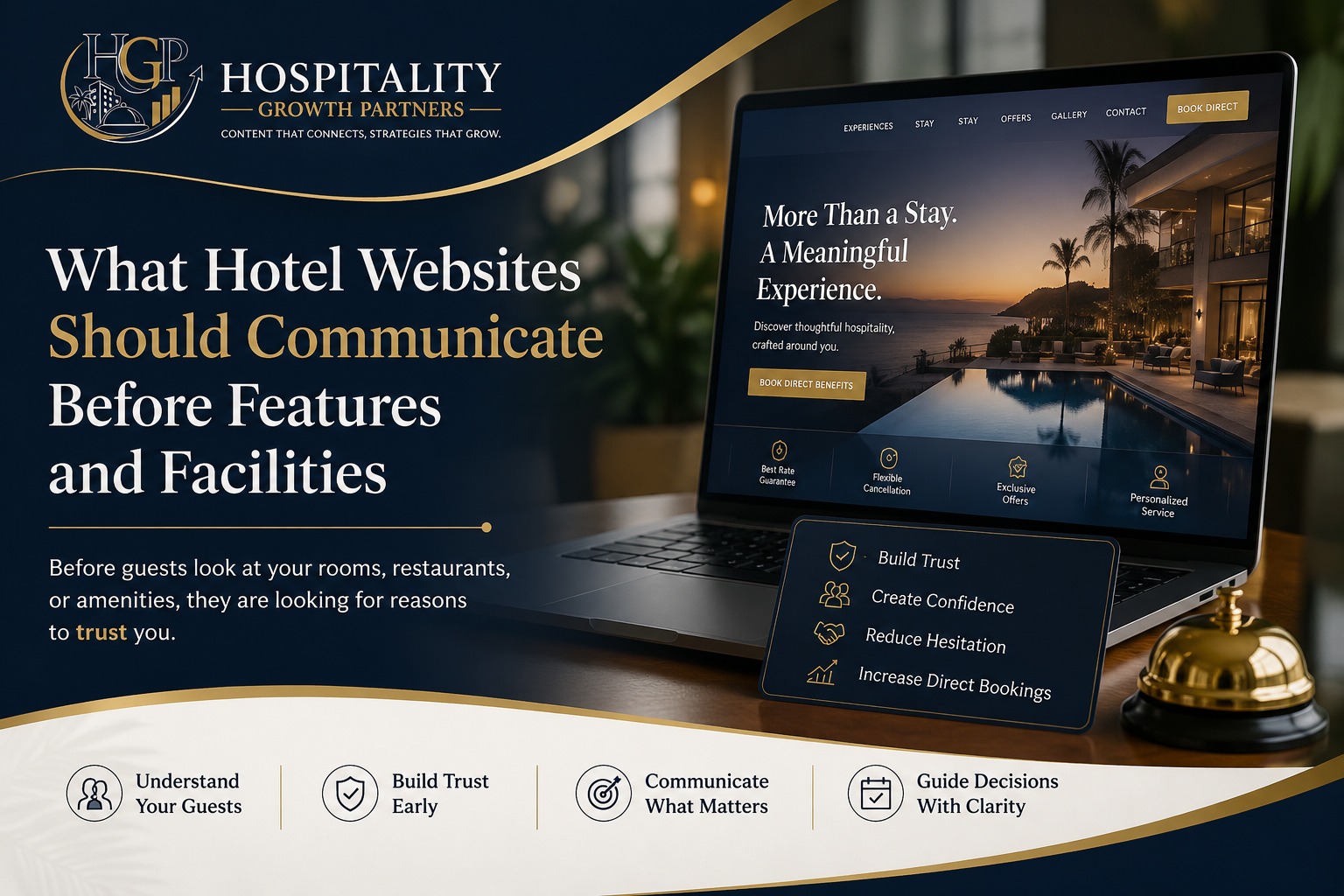 Hotel website trust and communication strategy illustration showing Hospitality Growth Partners branding, highlighting why hotels should communicate trust before features and facilities to improve direct bookings.
