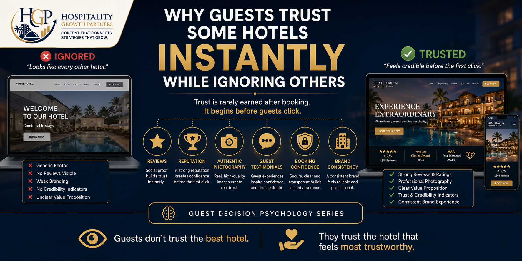 "Why Guests Trust Some Hotels Instantly While Ignoring Others showing how reviews, branding, photography, reputation, testimonials, and trust signals influence guest confidence and hotel selection."