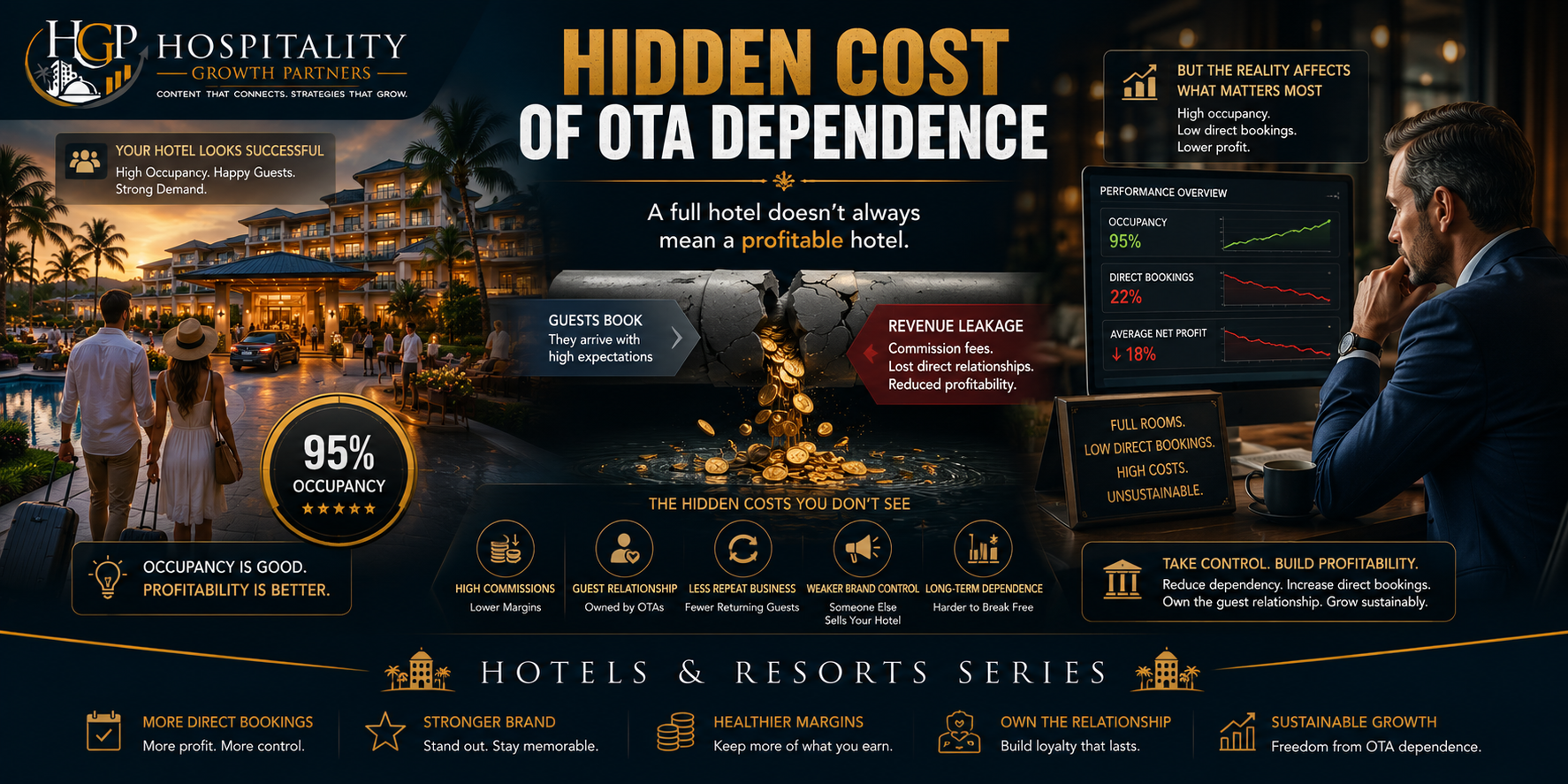 "Luxury resort operating at high occupancy while hidden revenue leaks away through OTA commissions and third-party channels, as a hotel manager reviews declining direct bookings and profitability, illustrating the hidden financial costs of OTA dependence despite strong occupancy levels."