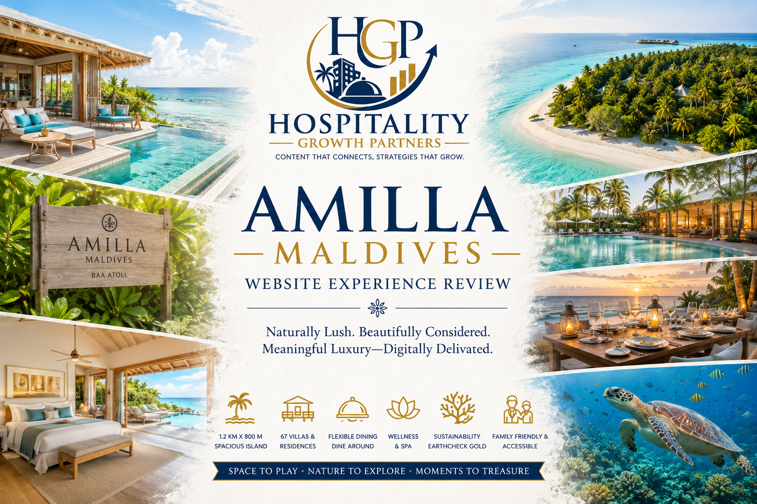 Amilla Maldives website experience review by Hospitality Growth Partners, featuring luxury villas, tropical island scenery, dining, wellness, sustainability and marine life.
