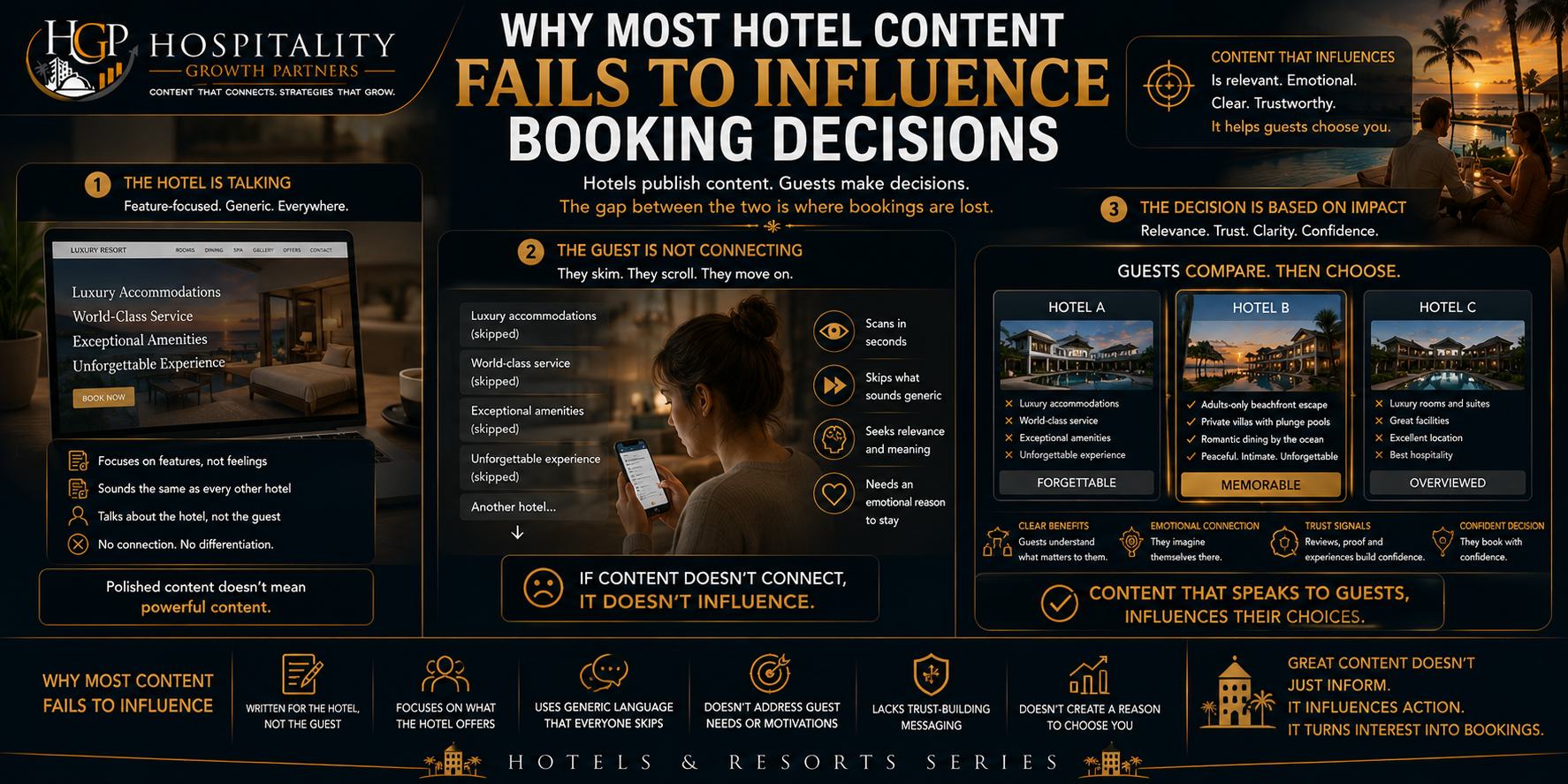 "Hotel marketing content displayed on a website while potential guests quickly scroll past generic descriptions and compare competing hotels, illustrating how feature-focused content often fails to create emotional connection, trust, or influence booking decisions."