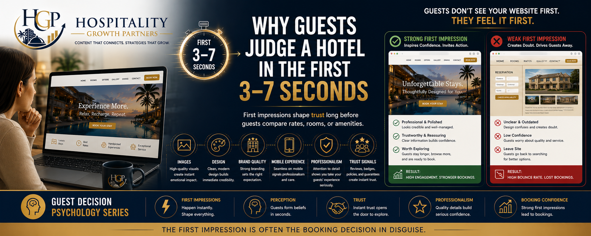 "Why Guests Judge a Hotel in the First 3–7 Seconds showing how website design, images, branding, mobile experience, and trust signals influence first impressions and booking confidence."
