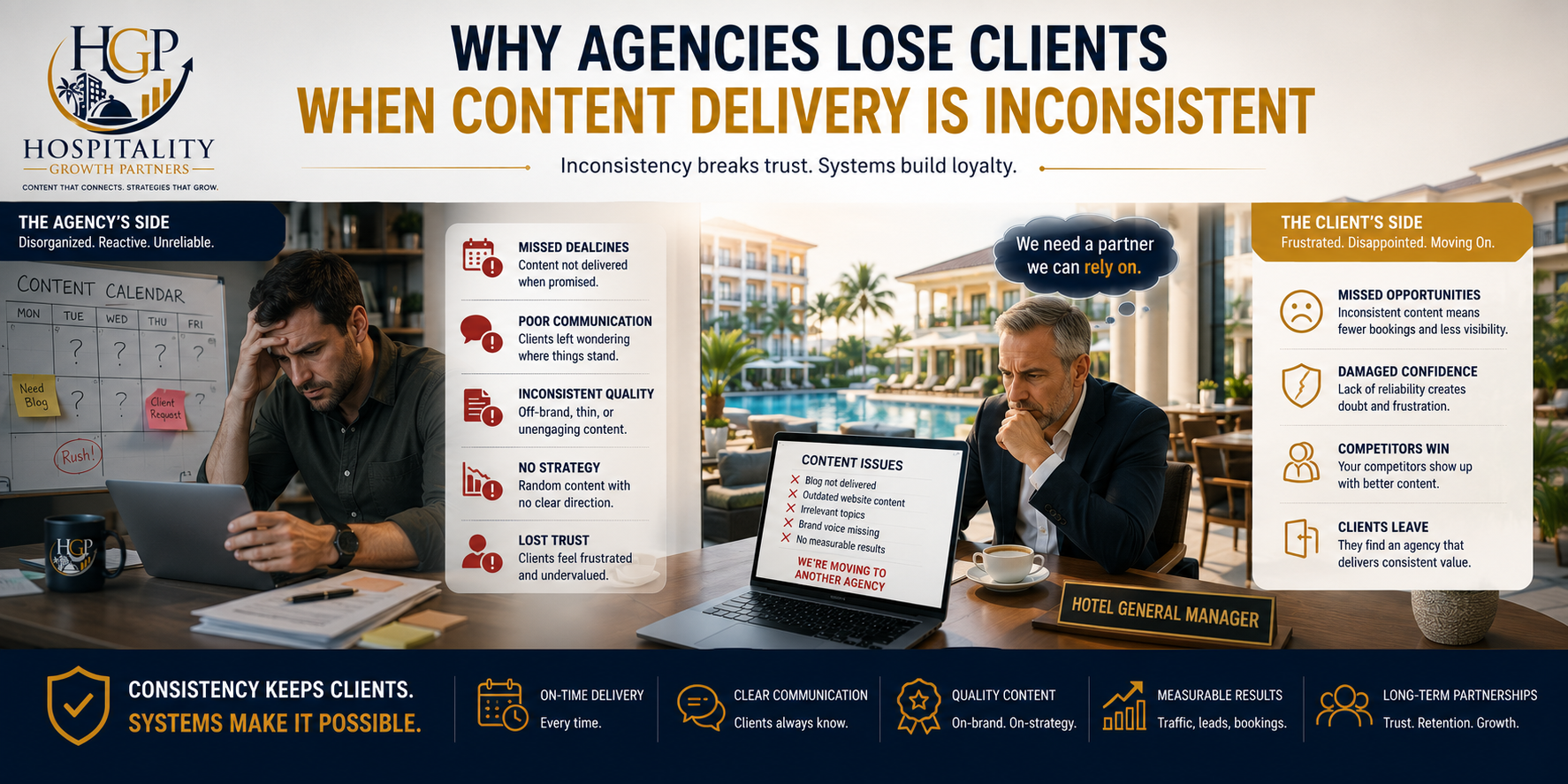 Banner illustration showing how inconsistent content delivery causes hospitality agencies to lose client trust, featuring an agency struggling with missed deadlines alongside a hotel client evaluating a more reliable marketing partner.
