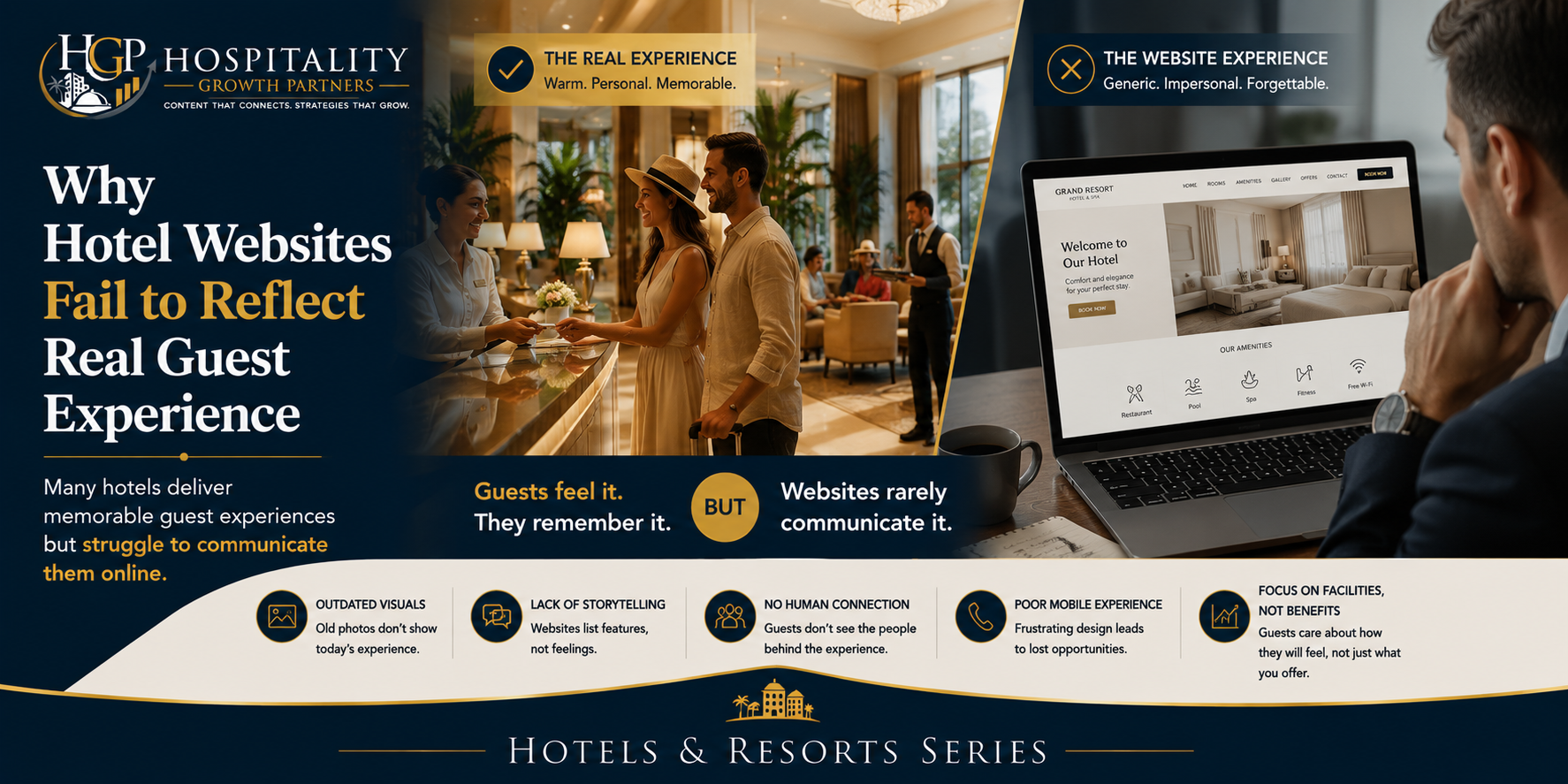 "Split-screen comparison showing guests enjoying a warm, welcoming hotel experience with attentive staff on one side, while a generic hotel website focused on rooms and amenities appears on the other, illustrating how hotel websites often fail to communicate the real guest experience."