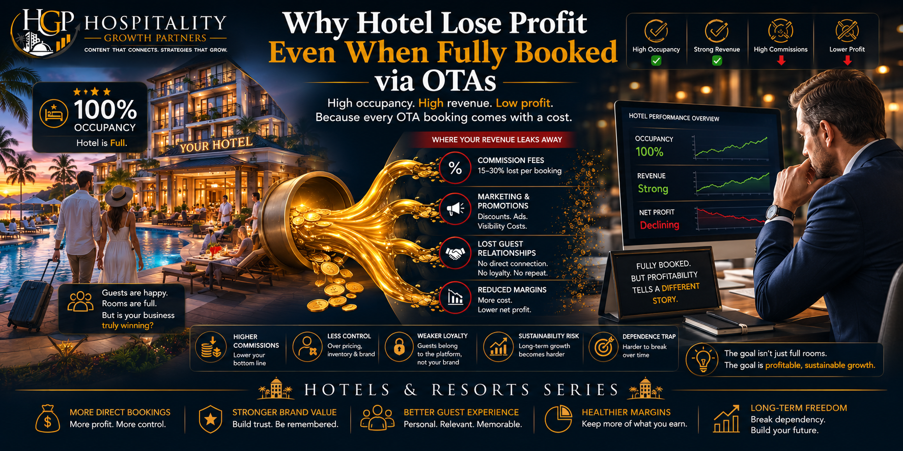"Luxury hotel operating at full occupancy while revenue and profit leak away through OTA commissions, marketing costs, and lost guest relationships, as a hotel executive reviews strong occupancy but declining profitability, illustrating why hotels can lose profit even when fully booked through online travel agencies."