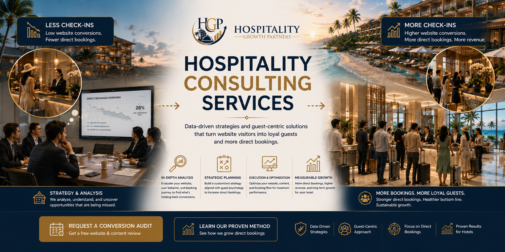 "Hospitality consulting services helping hotels improve direct bookings, strengthen guest confidence, optimize website conversion, and support sustainable growth."