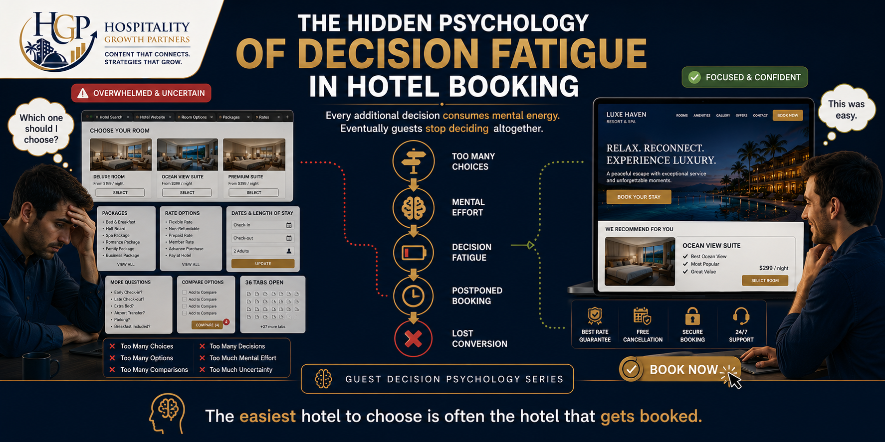 "The Hidden Psychology of Decision Fatigue in Hotel Booking showing how excessive room choices, packages, pricing options, and booking decisions overwhelm guests and reduce hotel conversions."