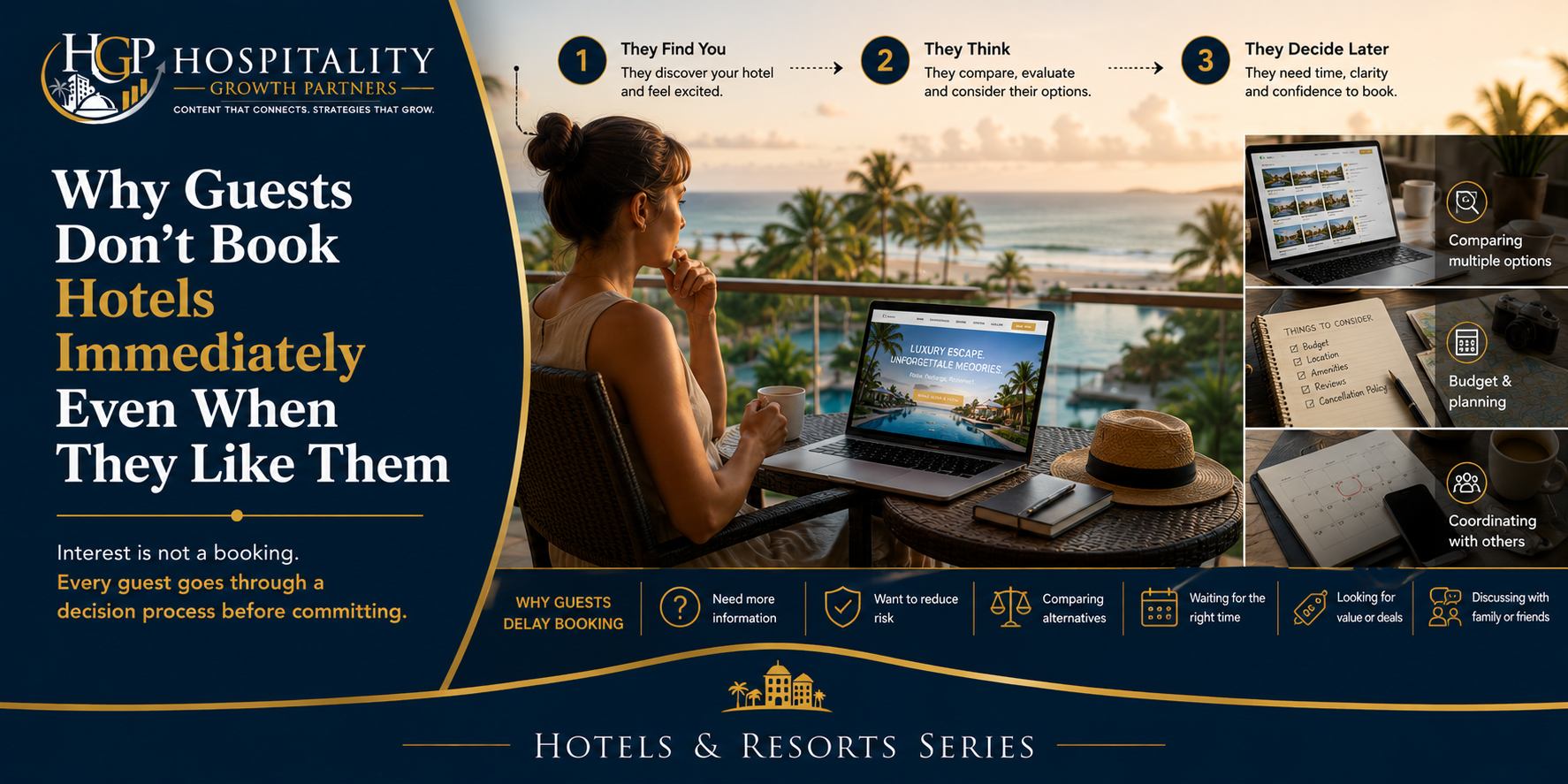 "Prospective hotel guest sitting on a resort balcony overlooking the ocean while researching accommodation options online, illustrating the decision-making process guests go through before booking, including comparison, evaluation, budget considerations, timing, and risk reduction."