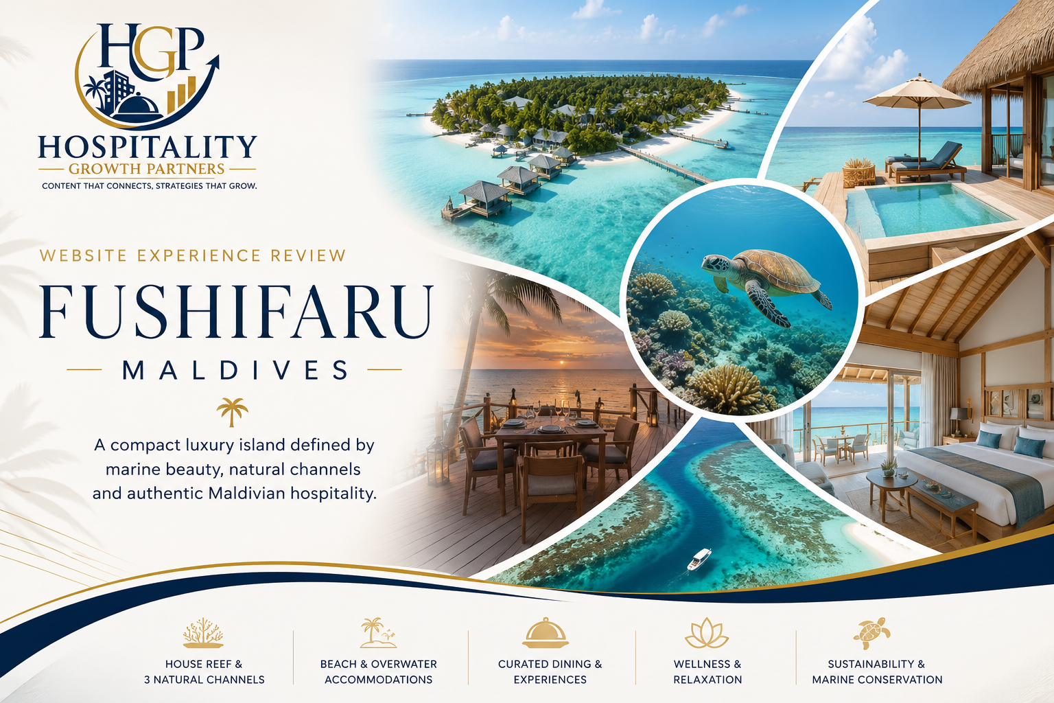 Fushifaru Maldives Website Experience Review hero banner by Hospitality Growth Partners featuring a collage of the boutique luxury island resort, overwater villas, turquoise lagoon, sea turtle on the house reef, sunset dining, and Maldivian interiors.
