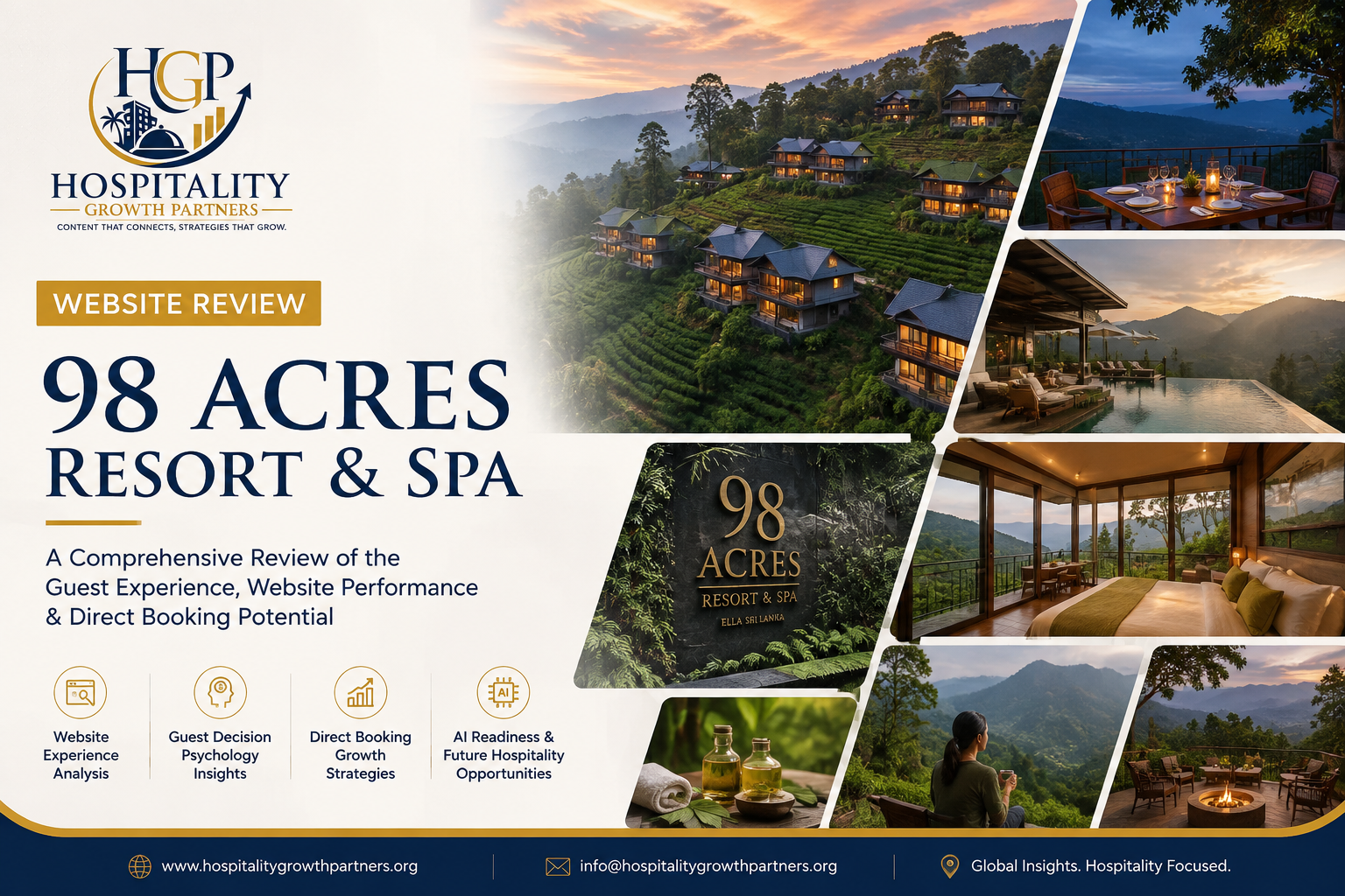 98 Acres Resort & Spa website review hero banner by Hospitality Growth Partners featuring a collage of hillside chalets, infinity pool, luxury accommodation, dining, spa experiences, and panoramic tea estate views in Ella, Sri Lanka, highlighting guest experience, website performance, direct booking growth, and AI readiness.