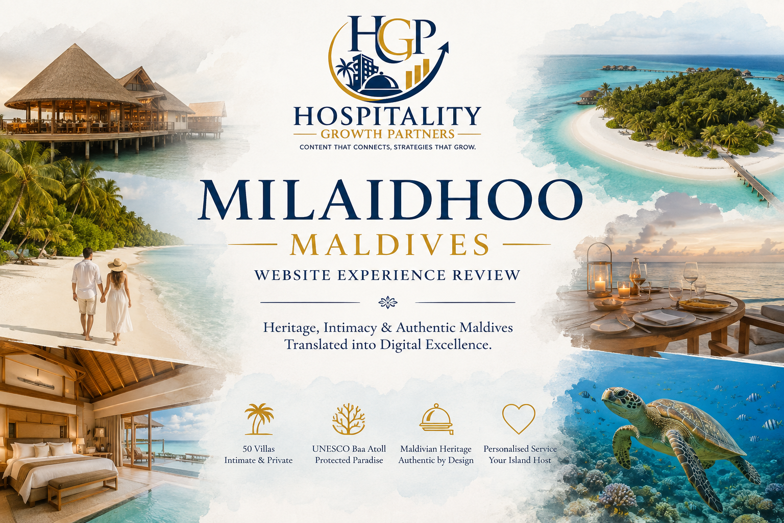 Milaidhoo Maldives luxury resort website review hero image featuring overwater villas, tropical island scenery, and the Hospitality Growth Partners (HGP) logo.