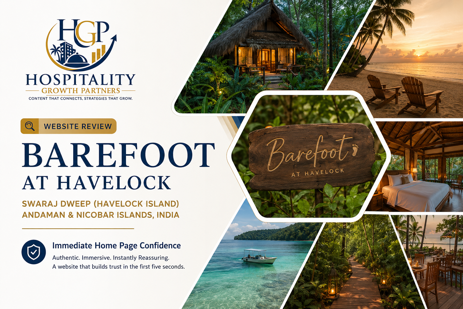 Barefoot at Havelock Website Review hero banner by Hospitality Growth Partners featuring the HGP logo, a collage of Barefoot at Havelock's eco-luxury cottages, tropical rainforest, Radhanagar Beach, island experiences, and the resort's signature entrance, highlighting immediate homepage confidence and guest trust in Swaraj Dweep (Havelock Island), Andaman & Nicobar Islands, India.