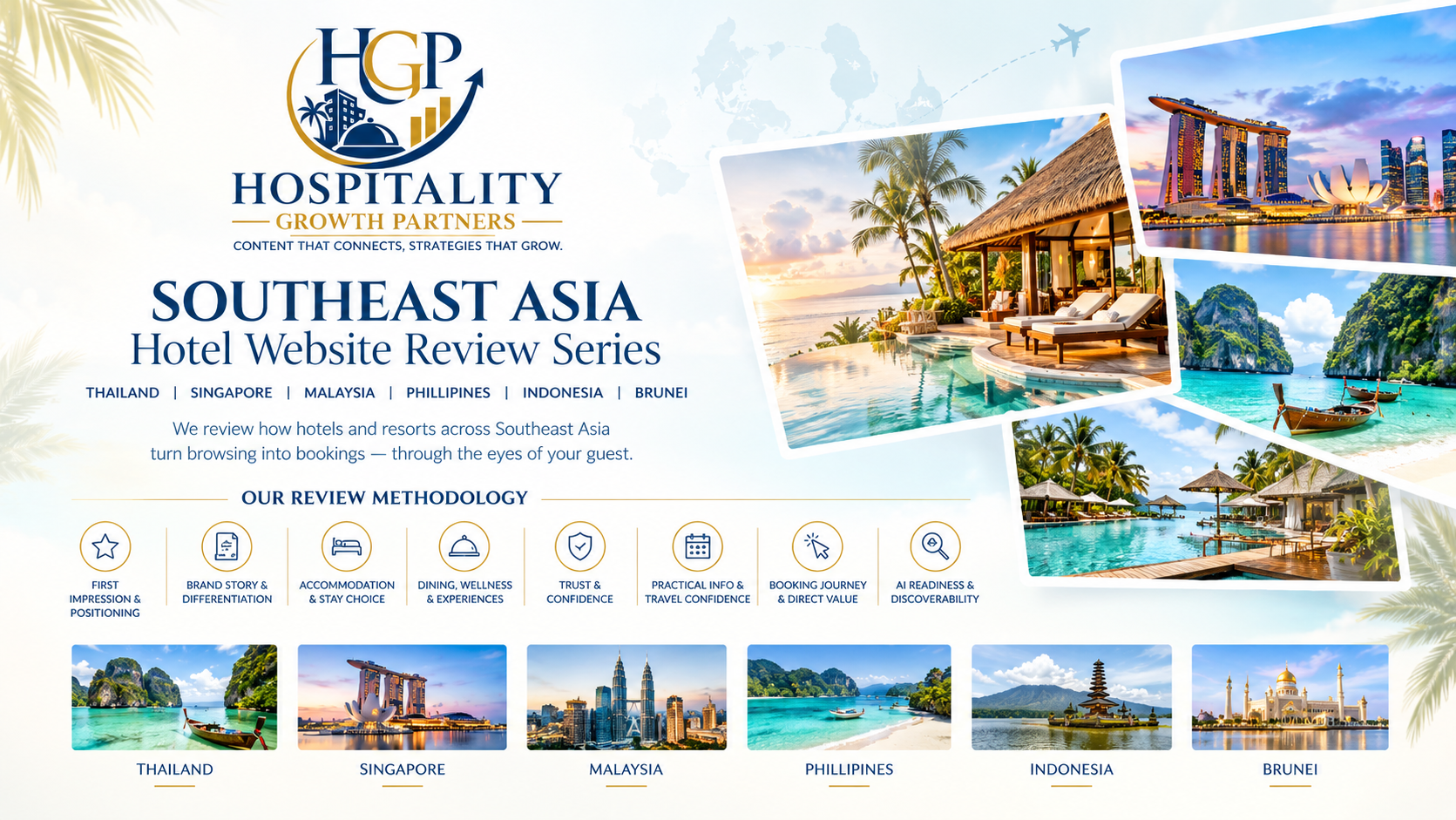 Southeast Asia hotel website review series by Hospitality Growth Partners featuring Thailand, Singapore, Malaysia, Philippines, Indonesia and Brunei